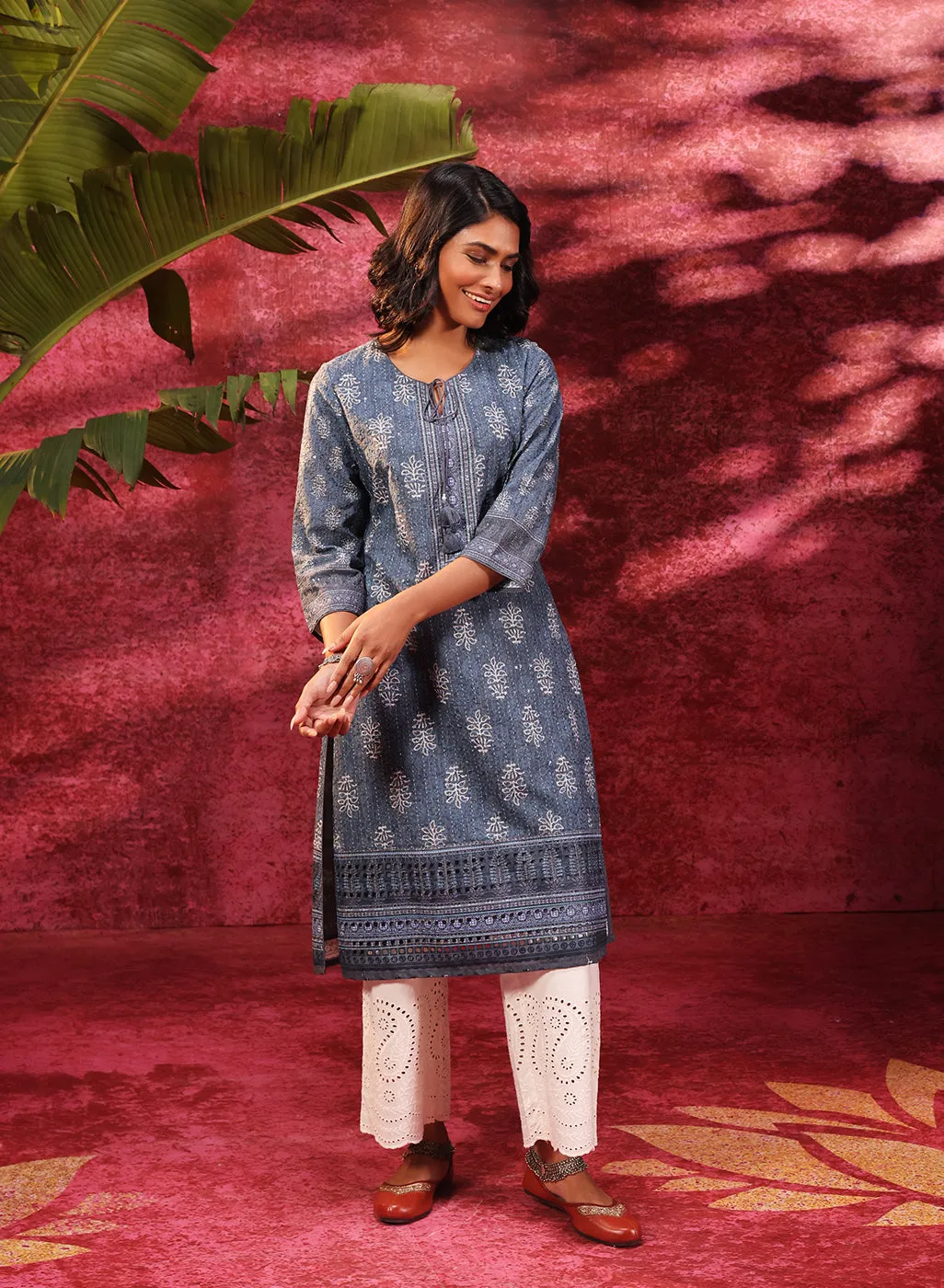 Afreen Gravel Blue Embroidered Cotton Designer Kurta