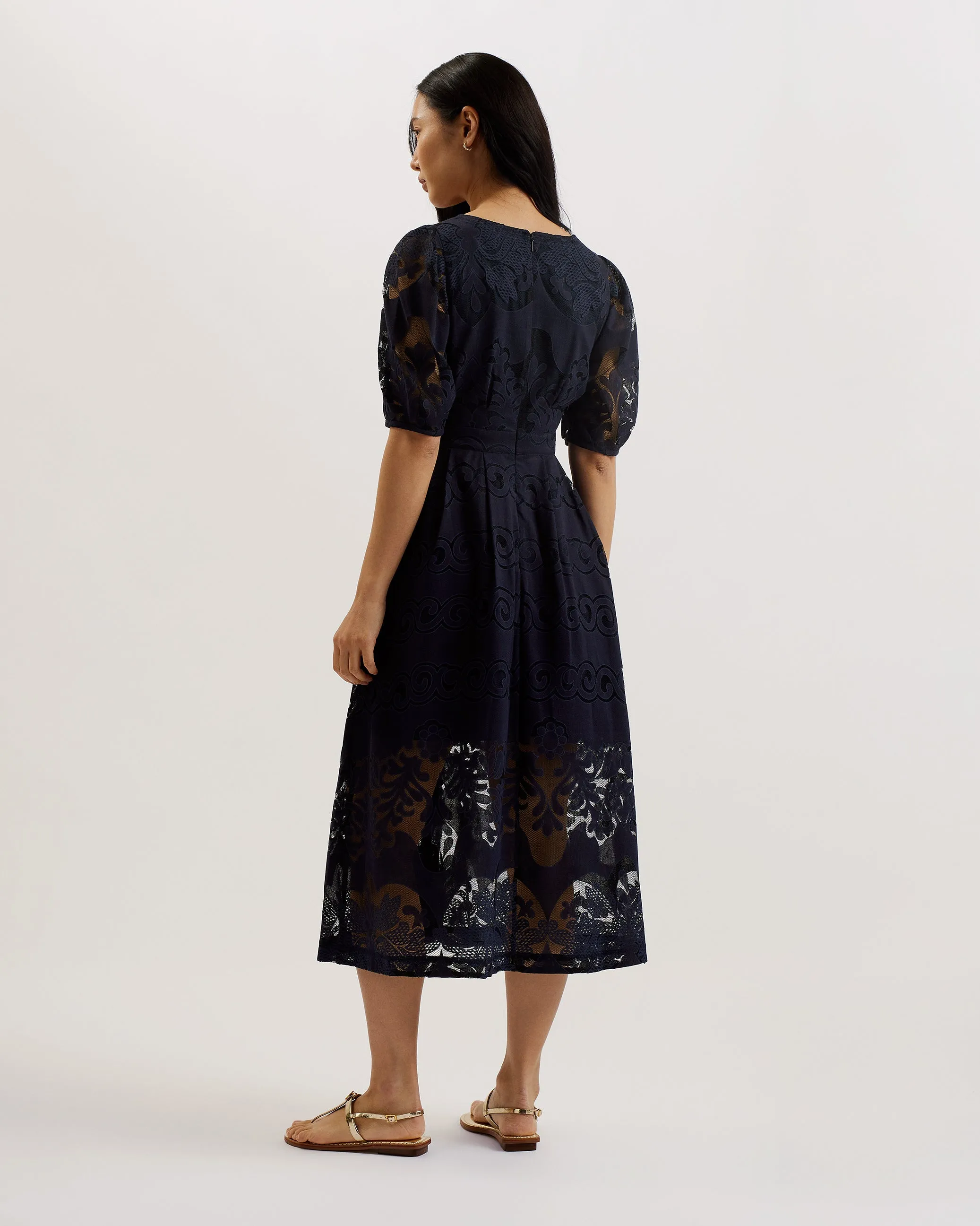 Agnel Lace Puff Sleeve Midi Dress Navy