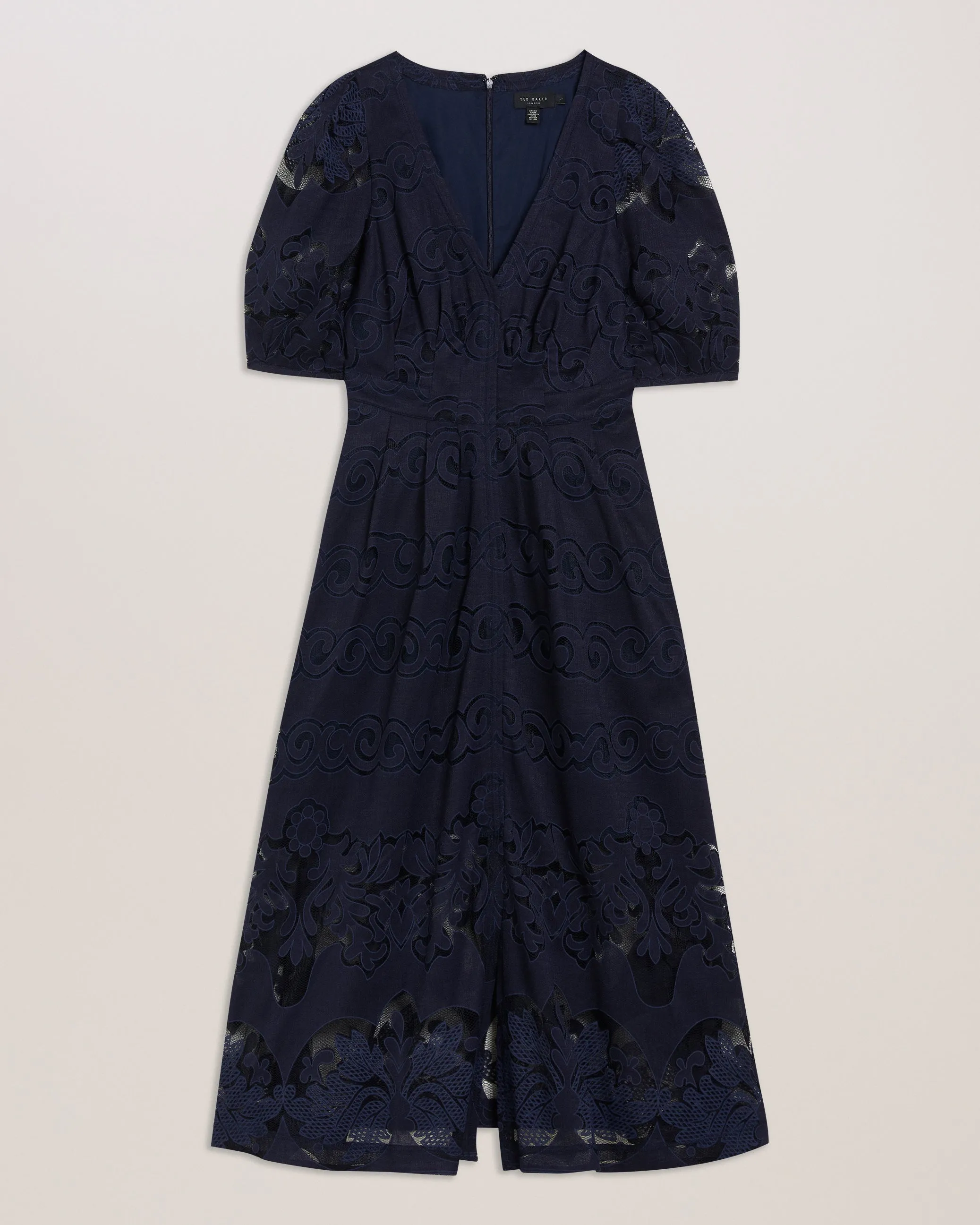 Agnel Lace Puff Sleeve Midi Dress Navy