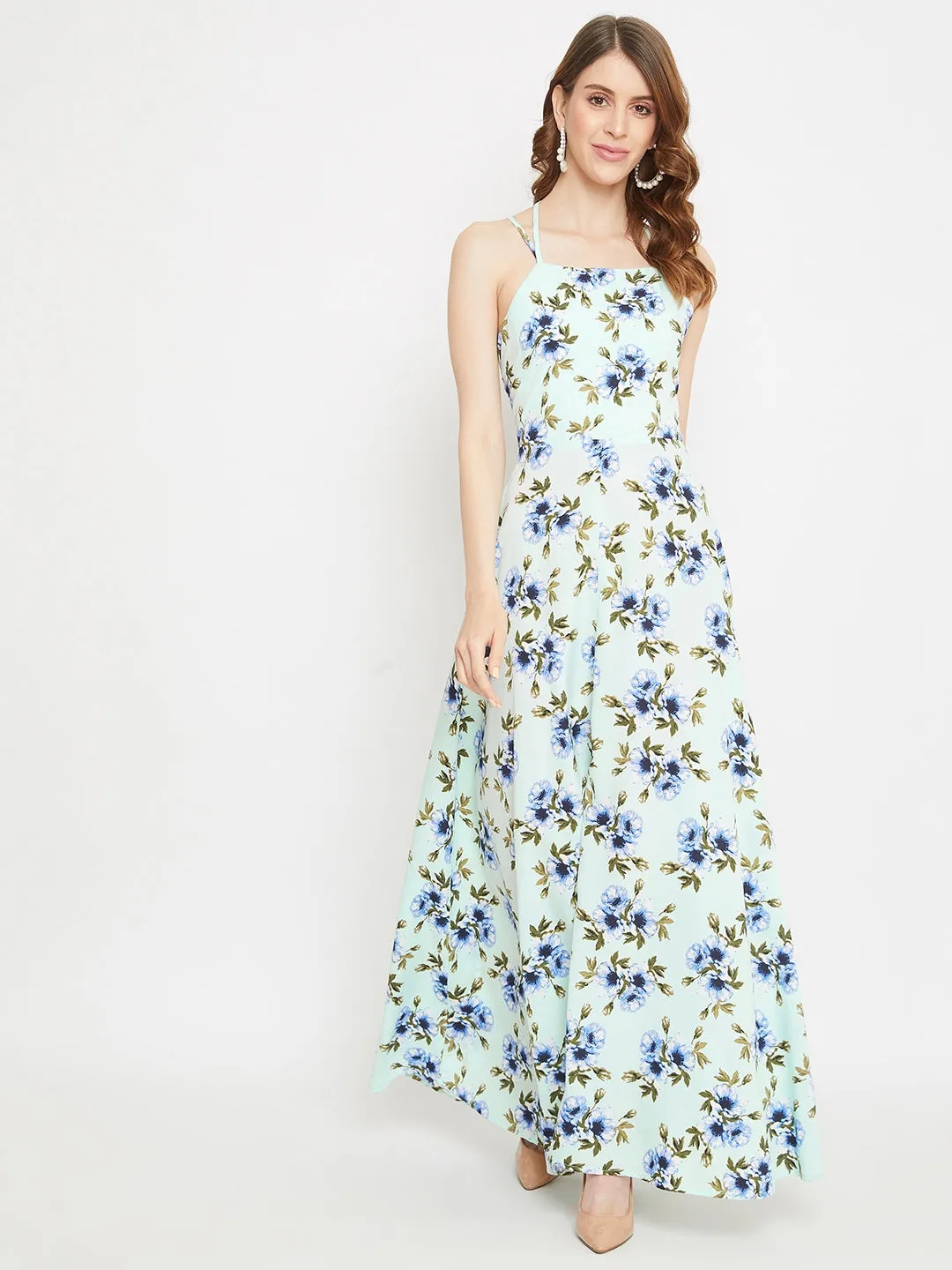 Berrylush Women Green Floral Print Tie-up Maxi Dress