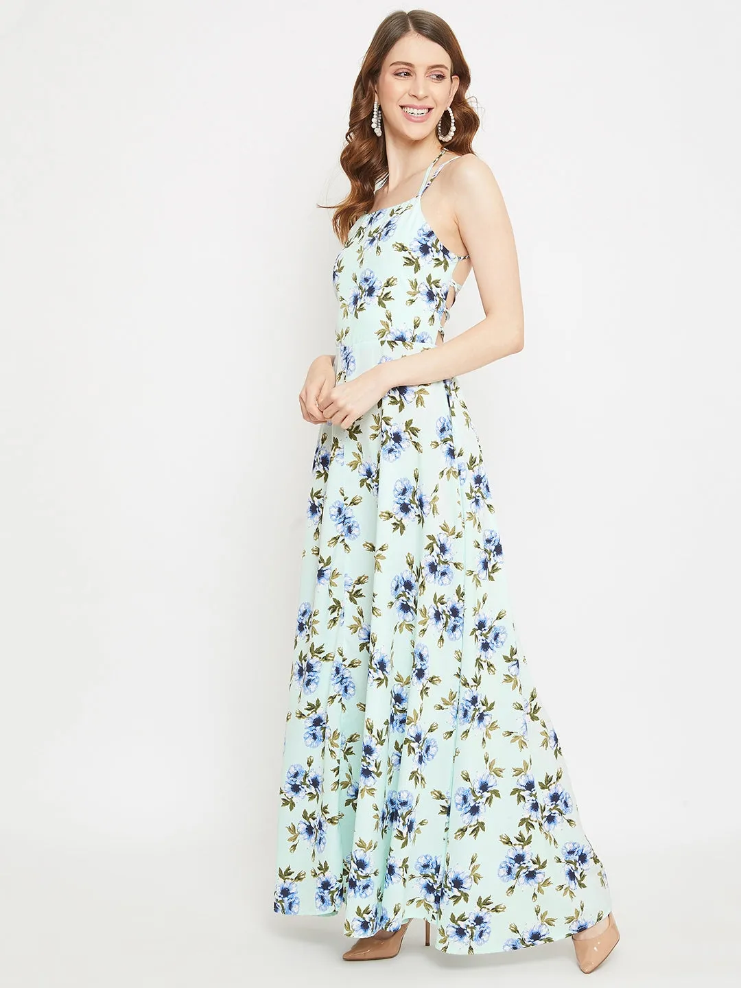 Berrylush Women Green Floral Print Tie-up Maxi Dress