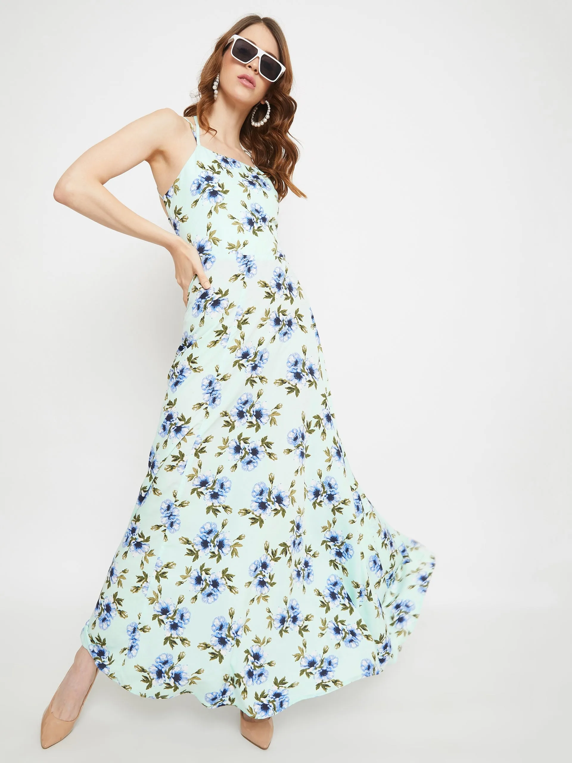 Berrylush Women Green Floral Print Tie-up Maxi Dress