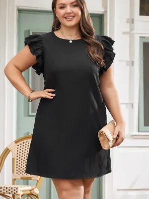 Black Ruffled Sleeve Rib Textured Plus Size Shift Dress