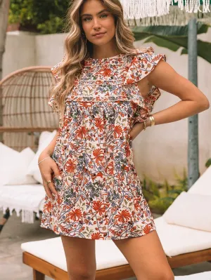 Bohemian Floral Ruffle Sleeve Mini Dress