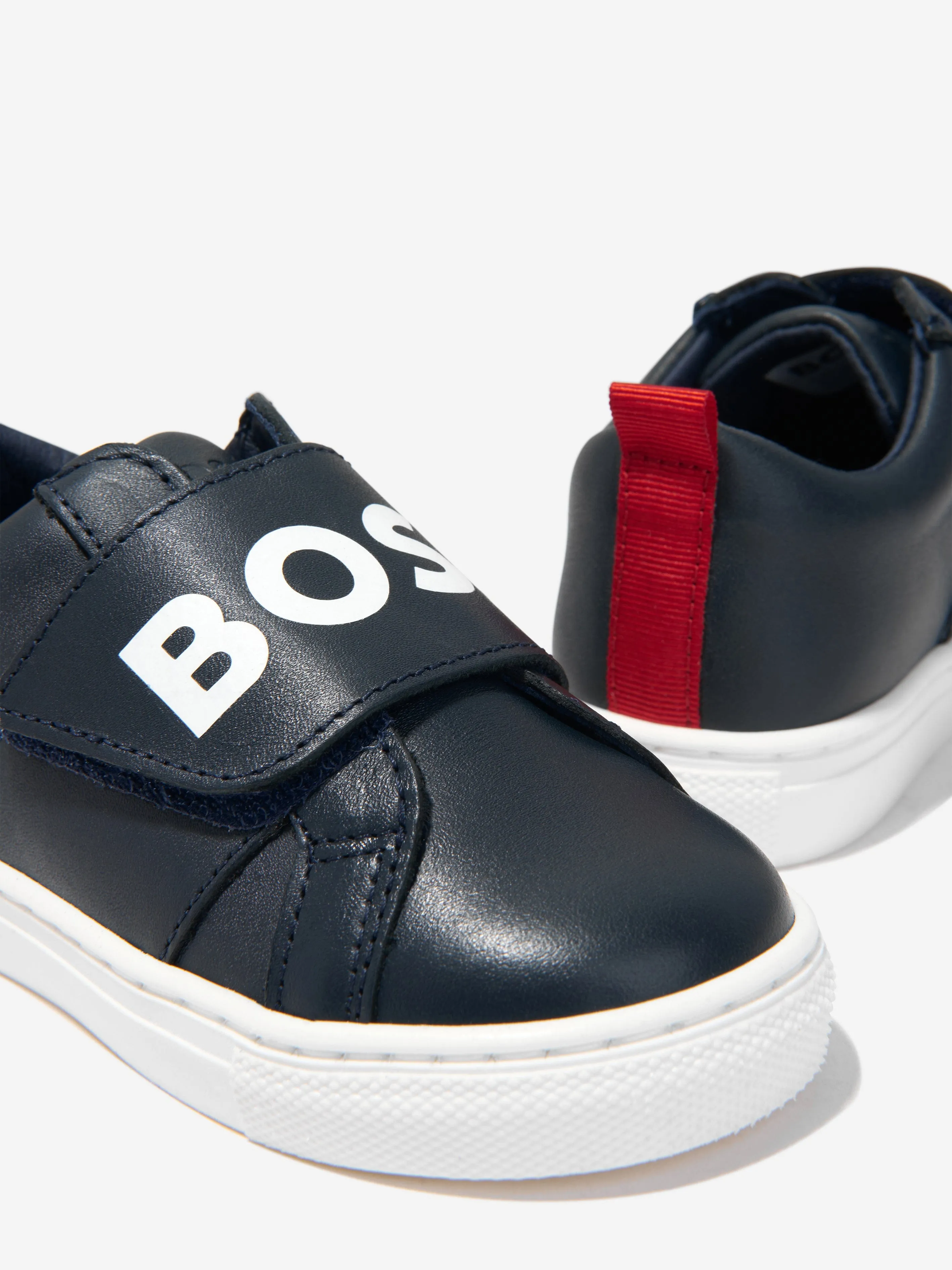 BOSS Boys Leather Logo Trainers In Navy