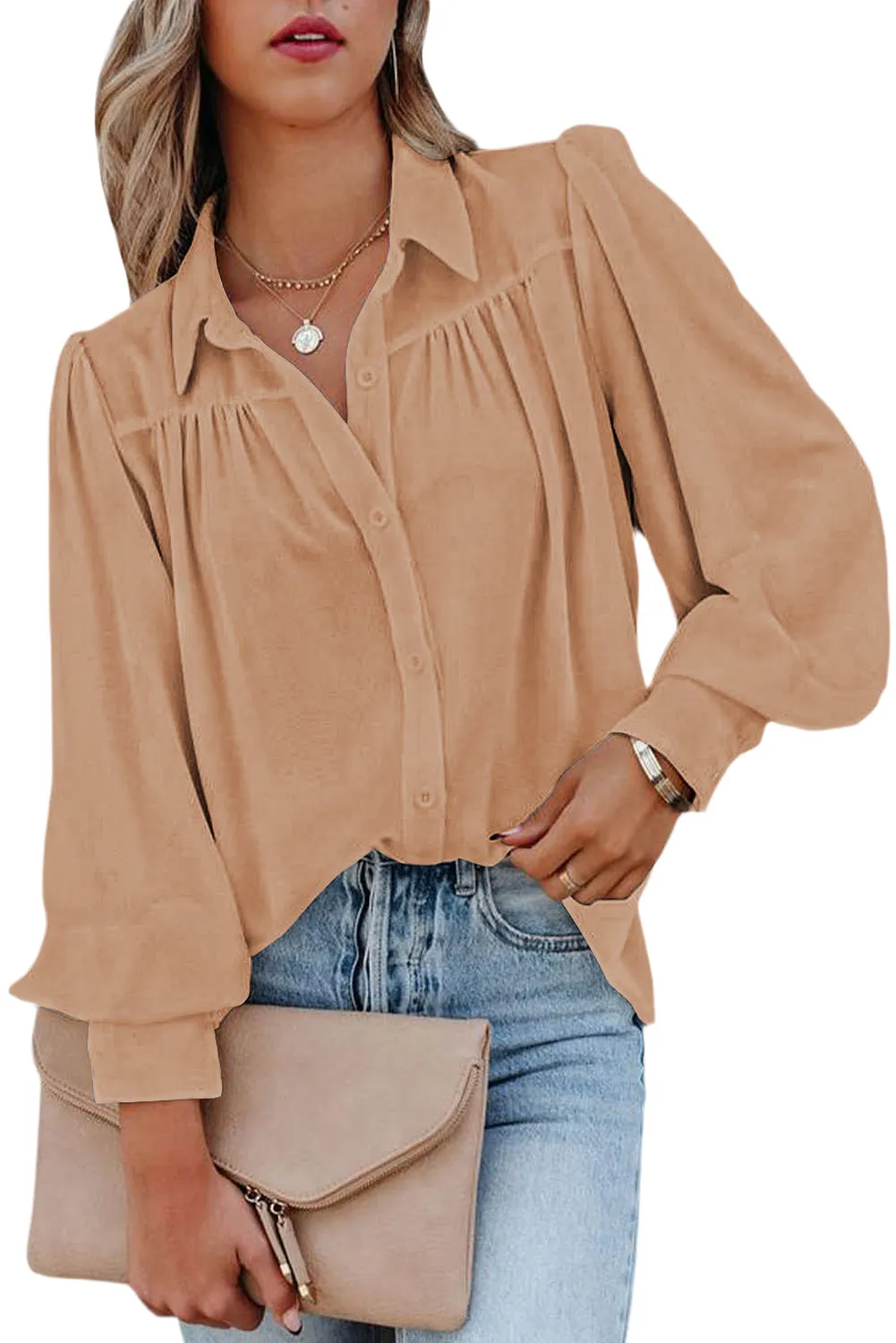 Buttoned Puff Sleeve Collared Blouse