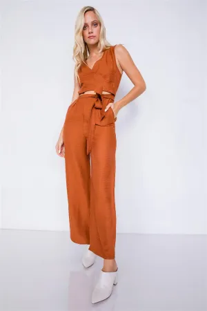 Camel Satin Wide Pant Leg Maxi Wrap Cut-Out Jumpsuit