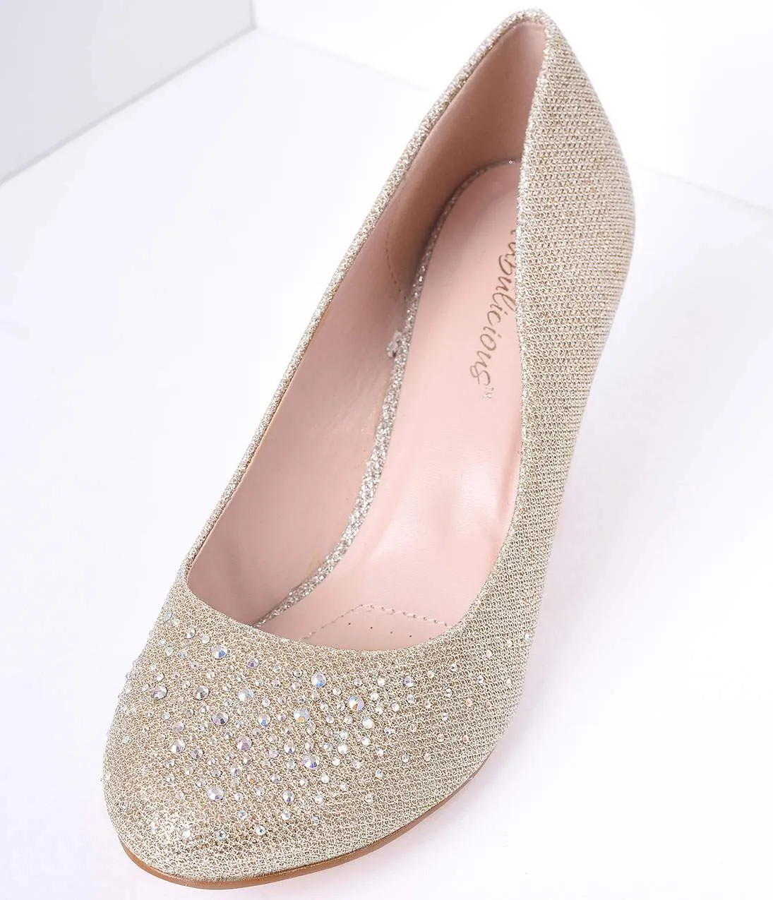 Champagne Metallic Rhinestone Doris Kitten Heels