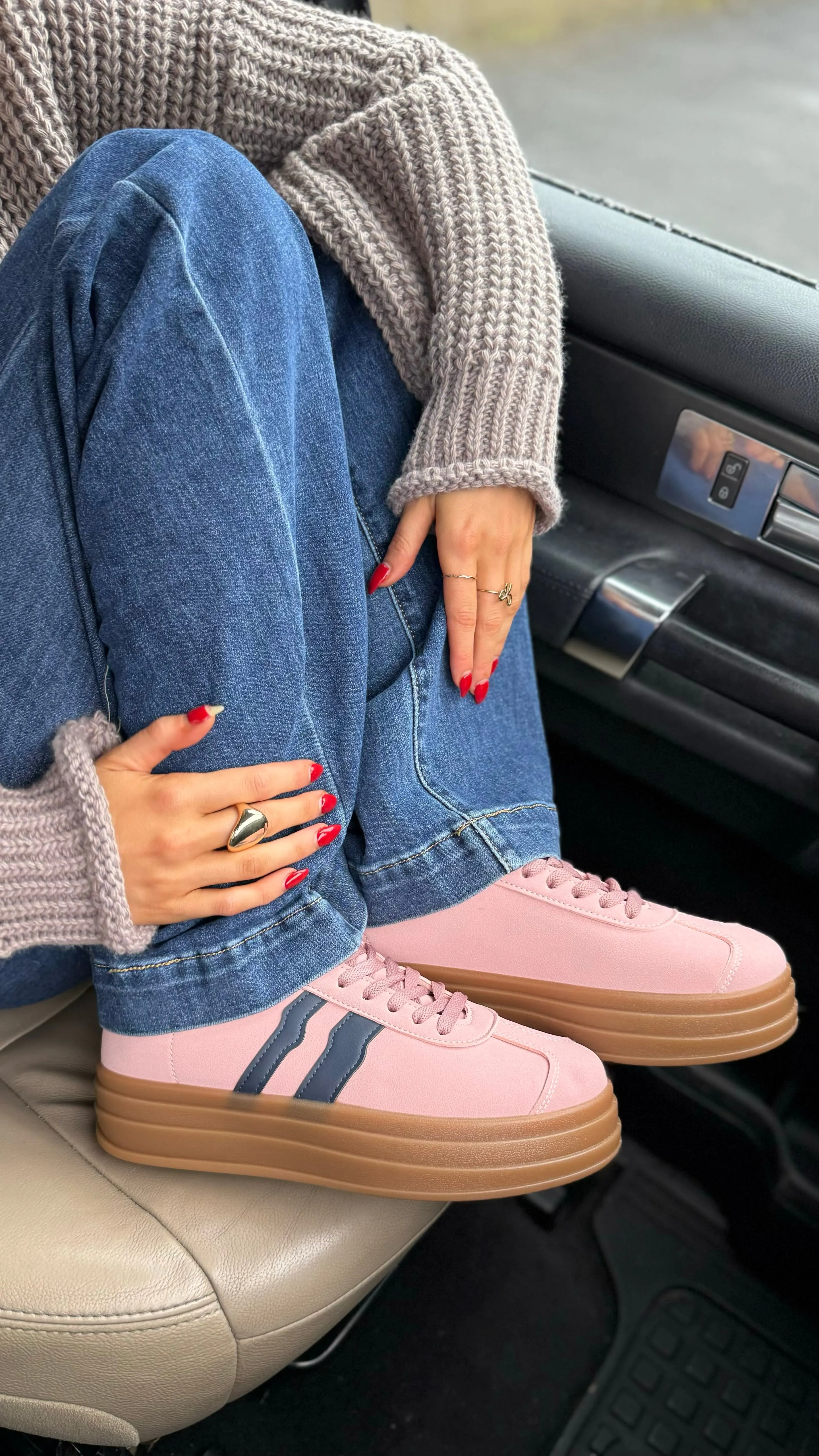 Cherie Pink With Navy Stripe Chunky Sole Trainers