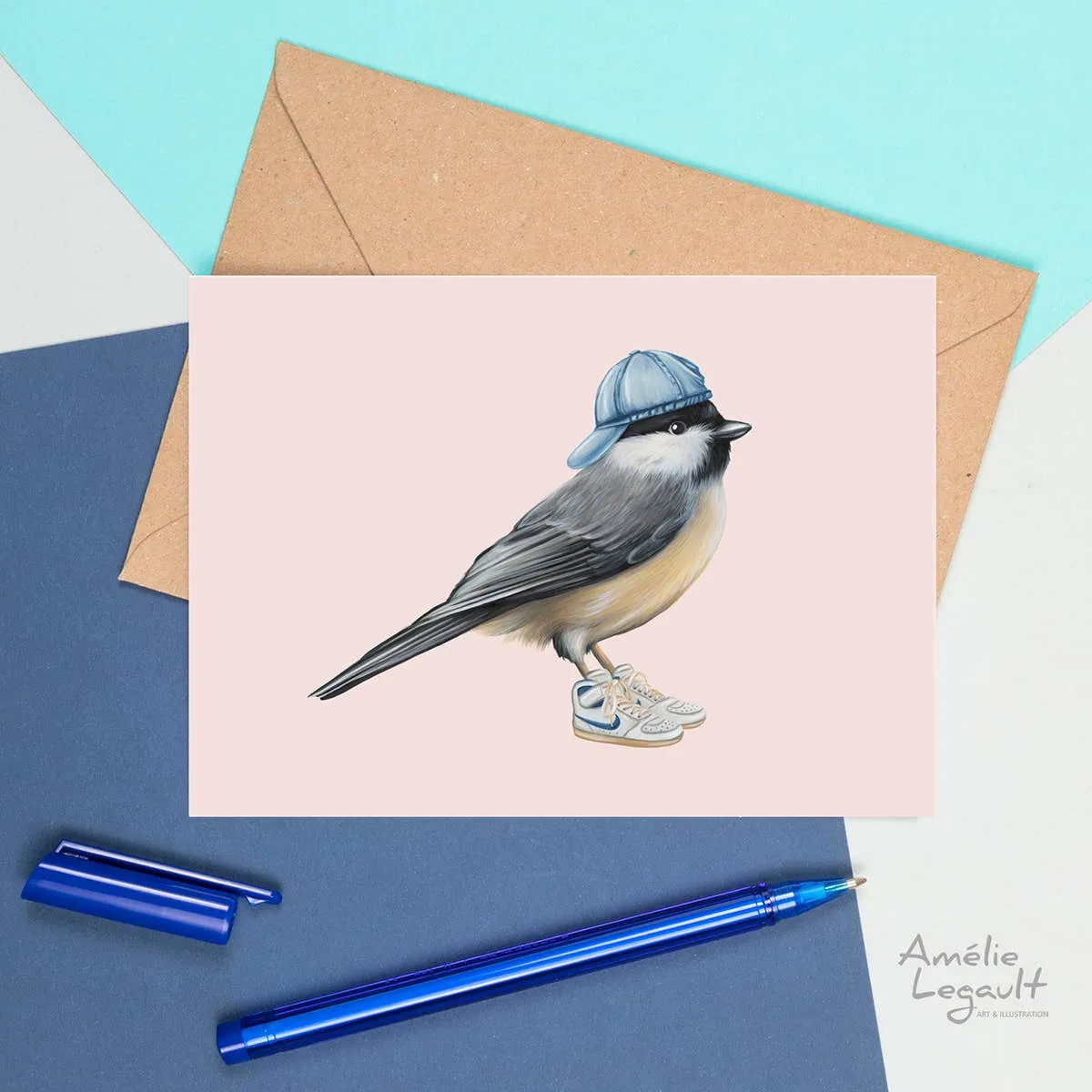 Chickadee card, bird greeting card, bird wearing shoes