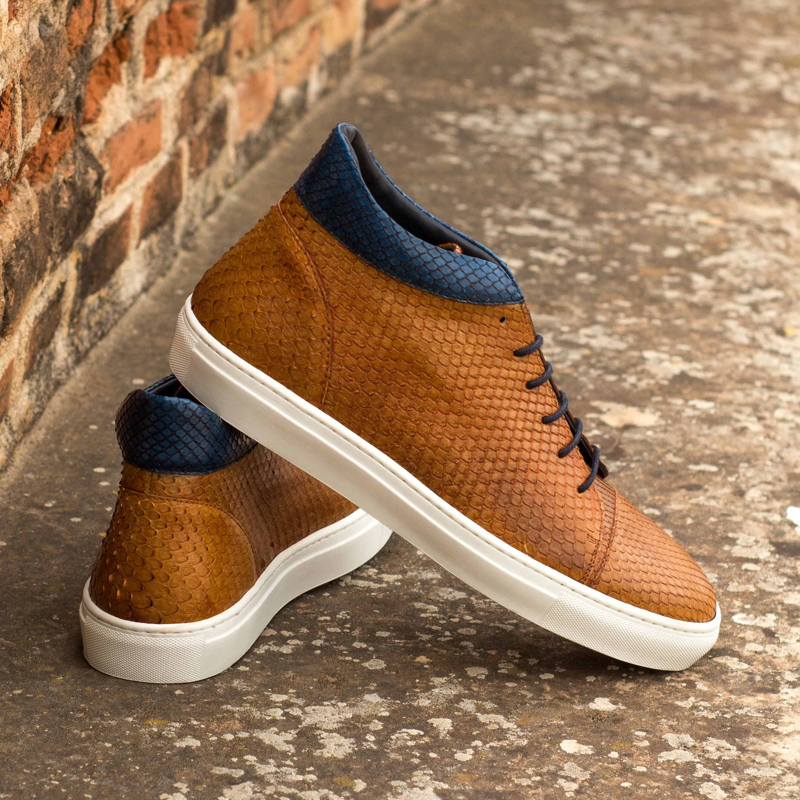 Cognac & Navy Python High-Top Sneakers