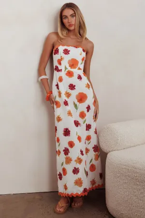 Cypress Ric Rac Trim Floral Strapless Maxi Dress Orange Multi