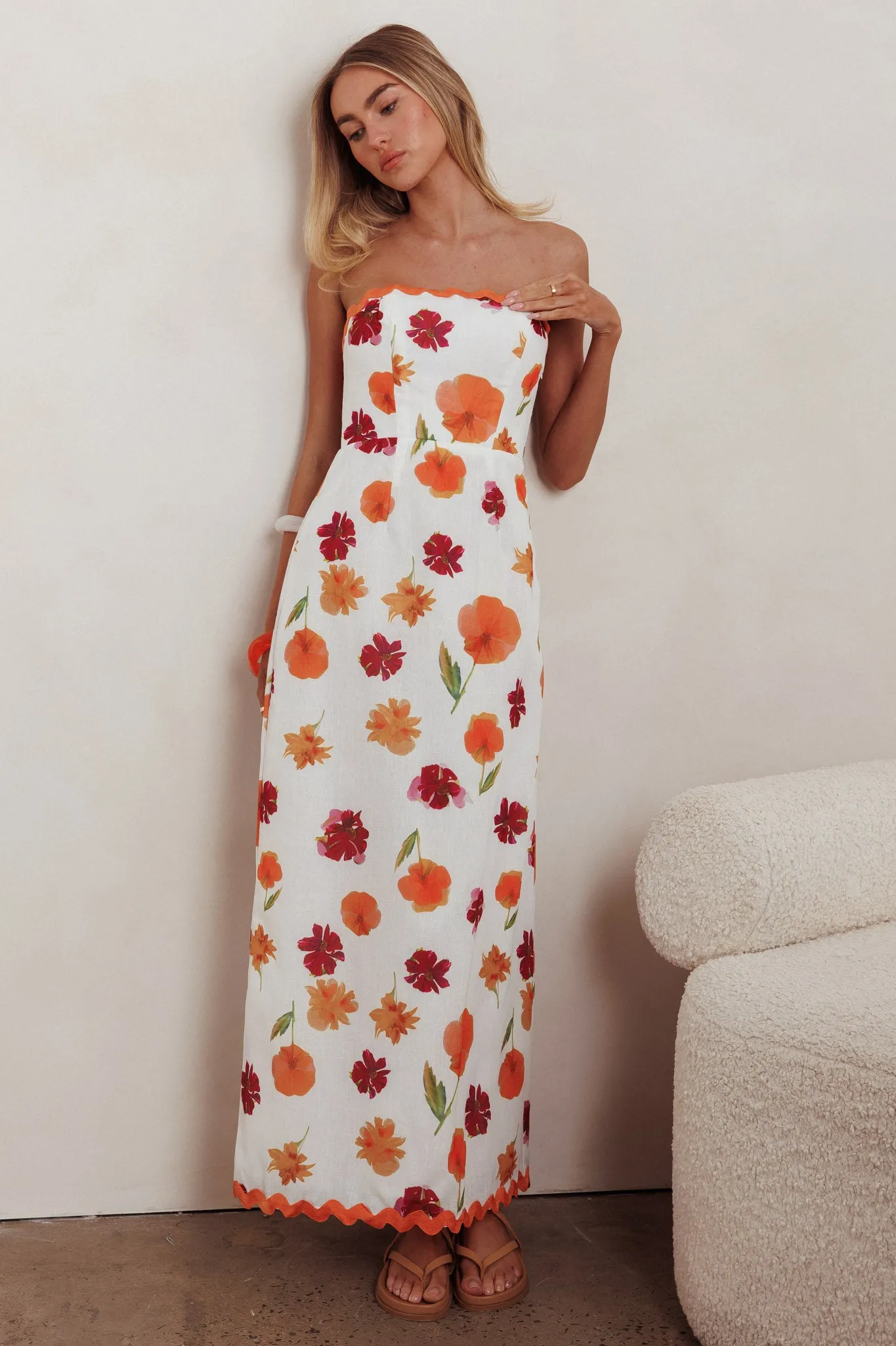 Cypress Ric Rac Trim Floral Strapless Maxi Dress Orange Multi