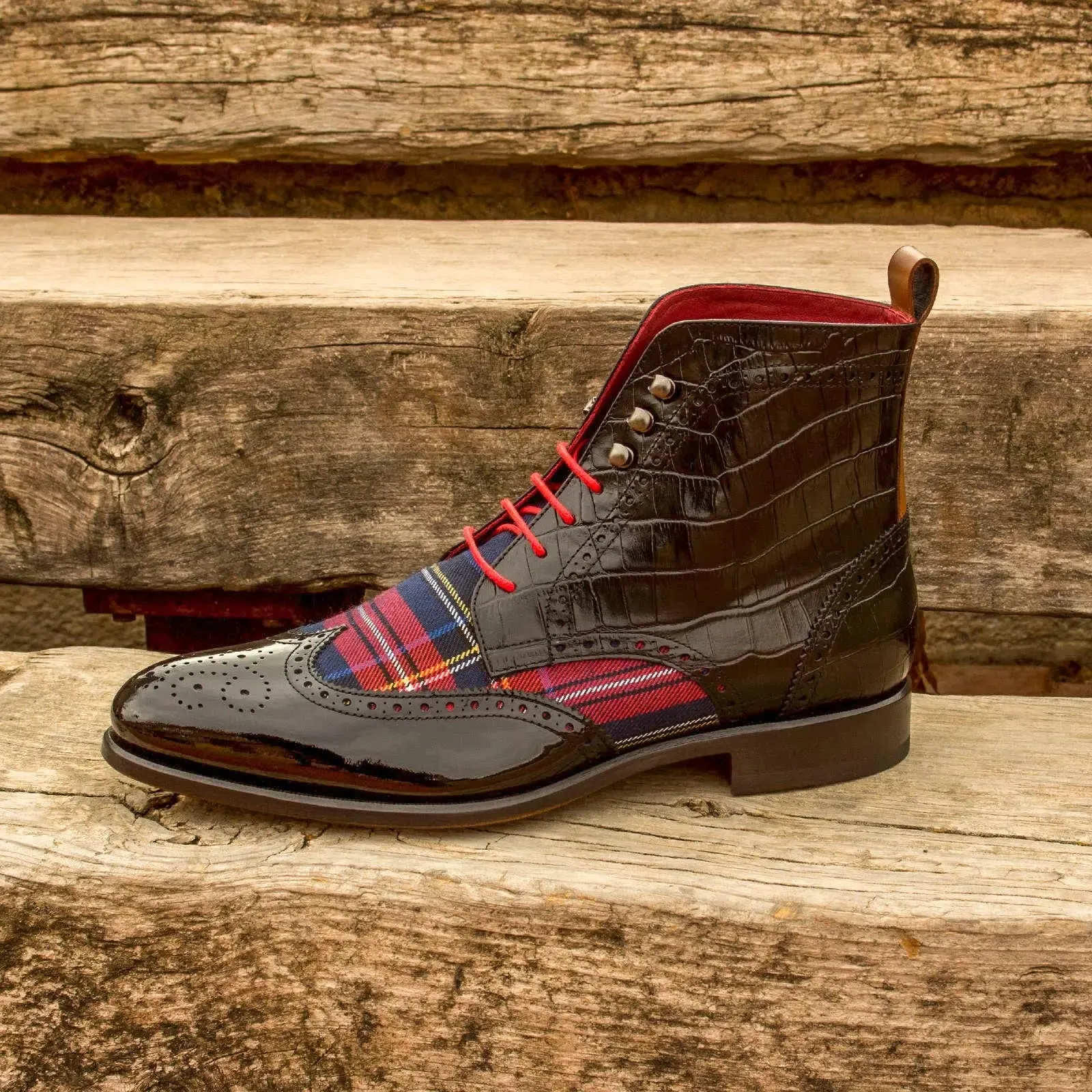 DapperFam Valiant in Tartan / Black / Cognac Men's Sartorial & Italian Leather Military Brogue