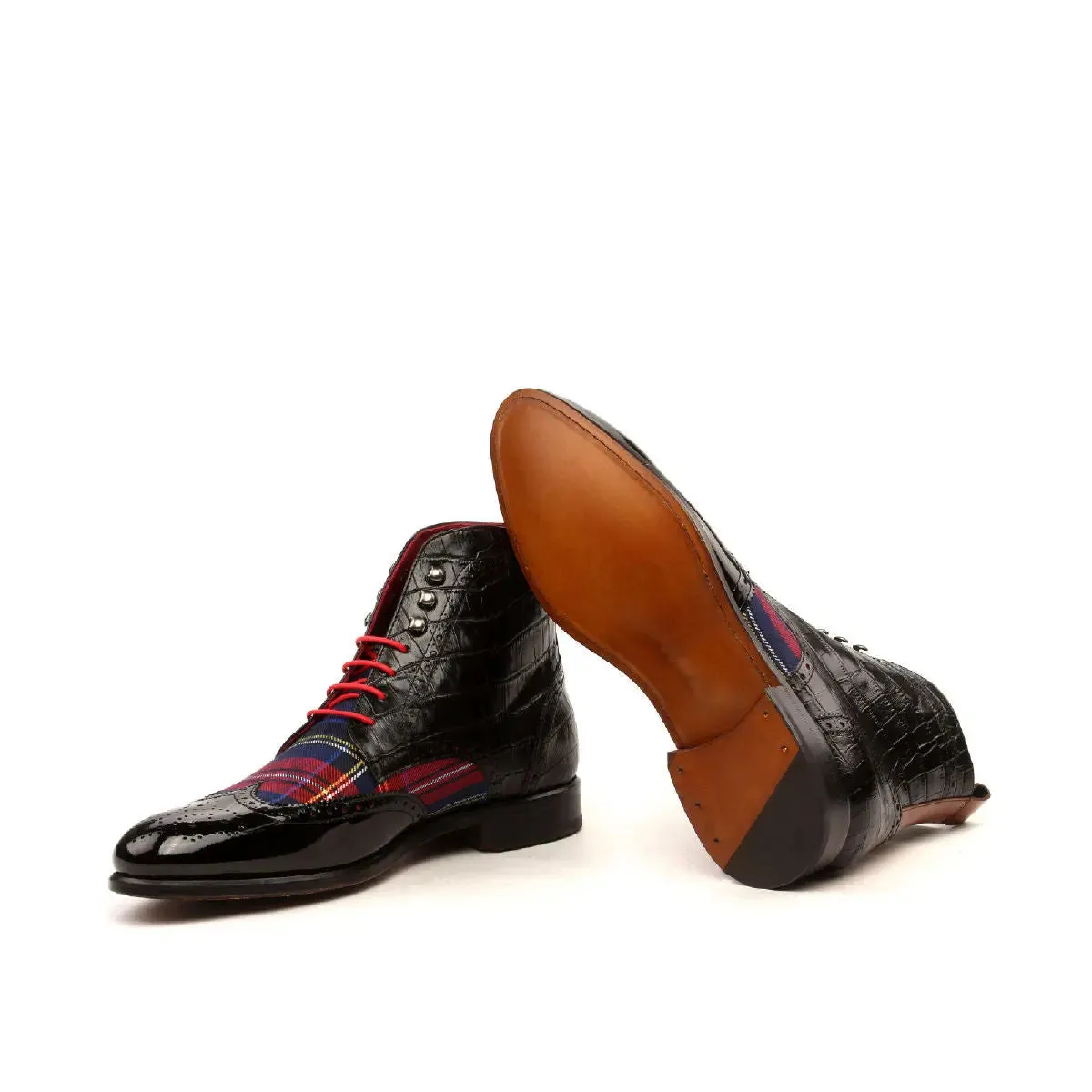 DapperFam Valiant in Tartan / Black / Cognac Men's Sartorial & Italian Leather Military Brogue