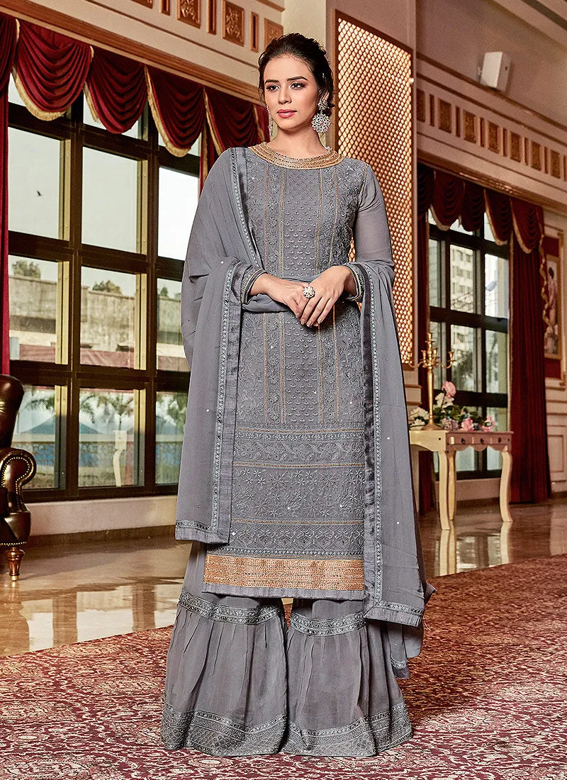 Deep Grey Traditional Embroidered Georgette Sharara Suit