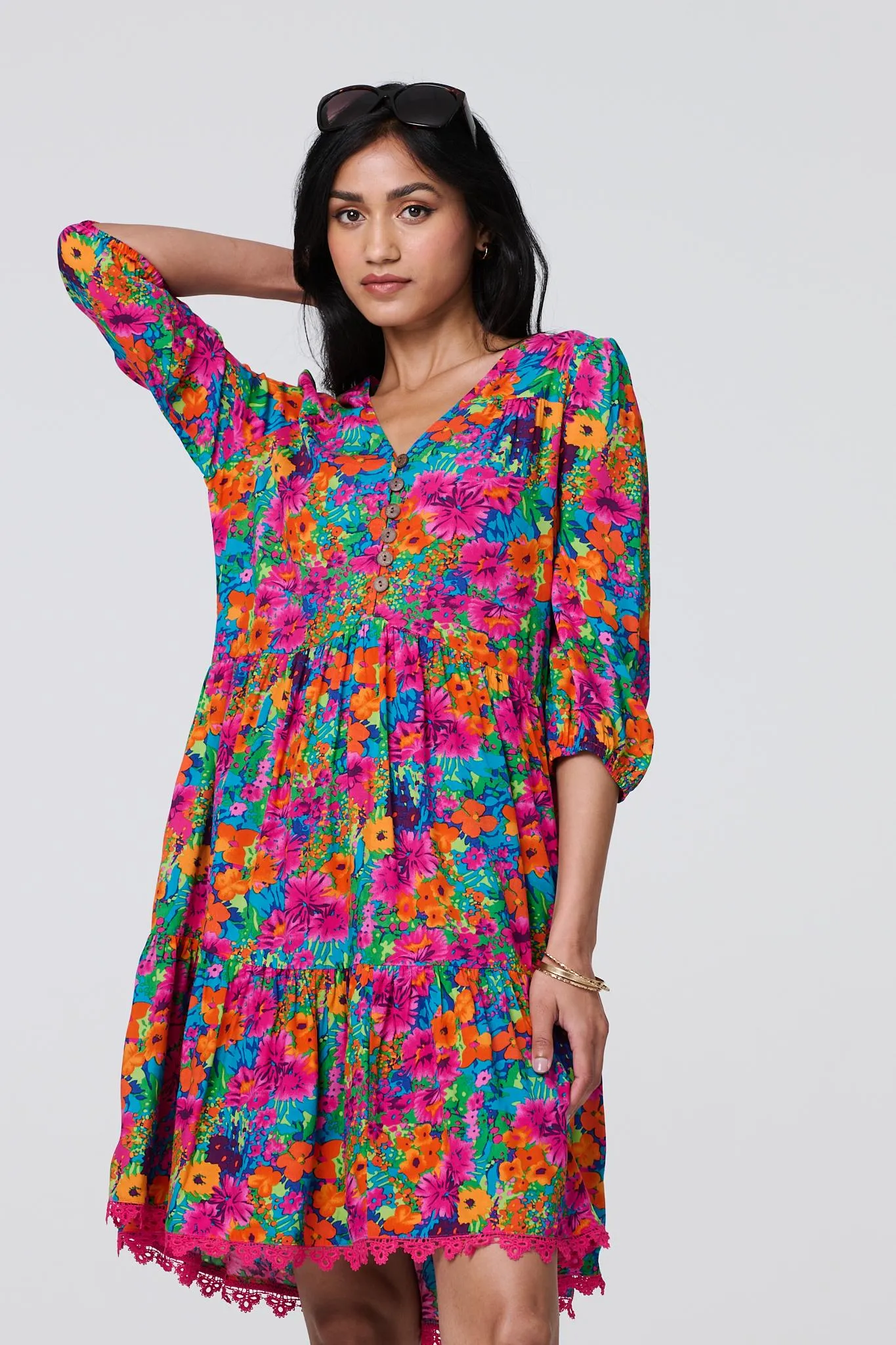 Floral 3/4 Sleeve Smock Dress