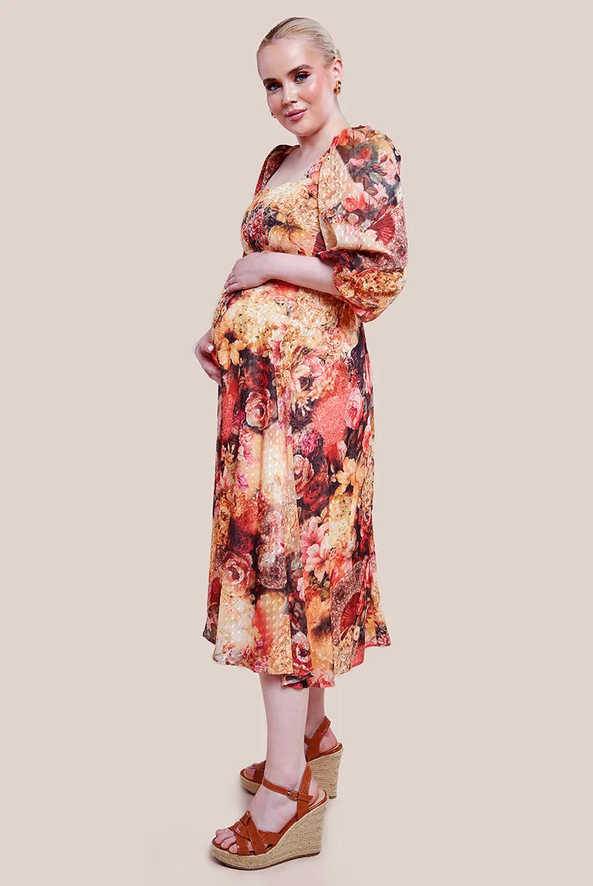 Goddiva Maternity Puff Sleeve Printed Shirred Back Midi Dress - Orange