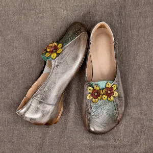 Handmade Women's Low Heel Flower Leather Flats Slip On Shoes For Spring/Summer in Grey