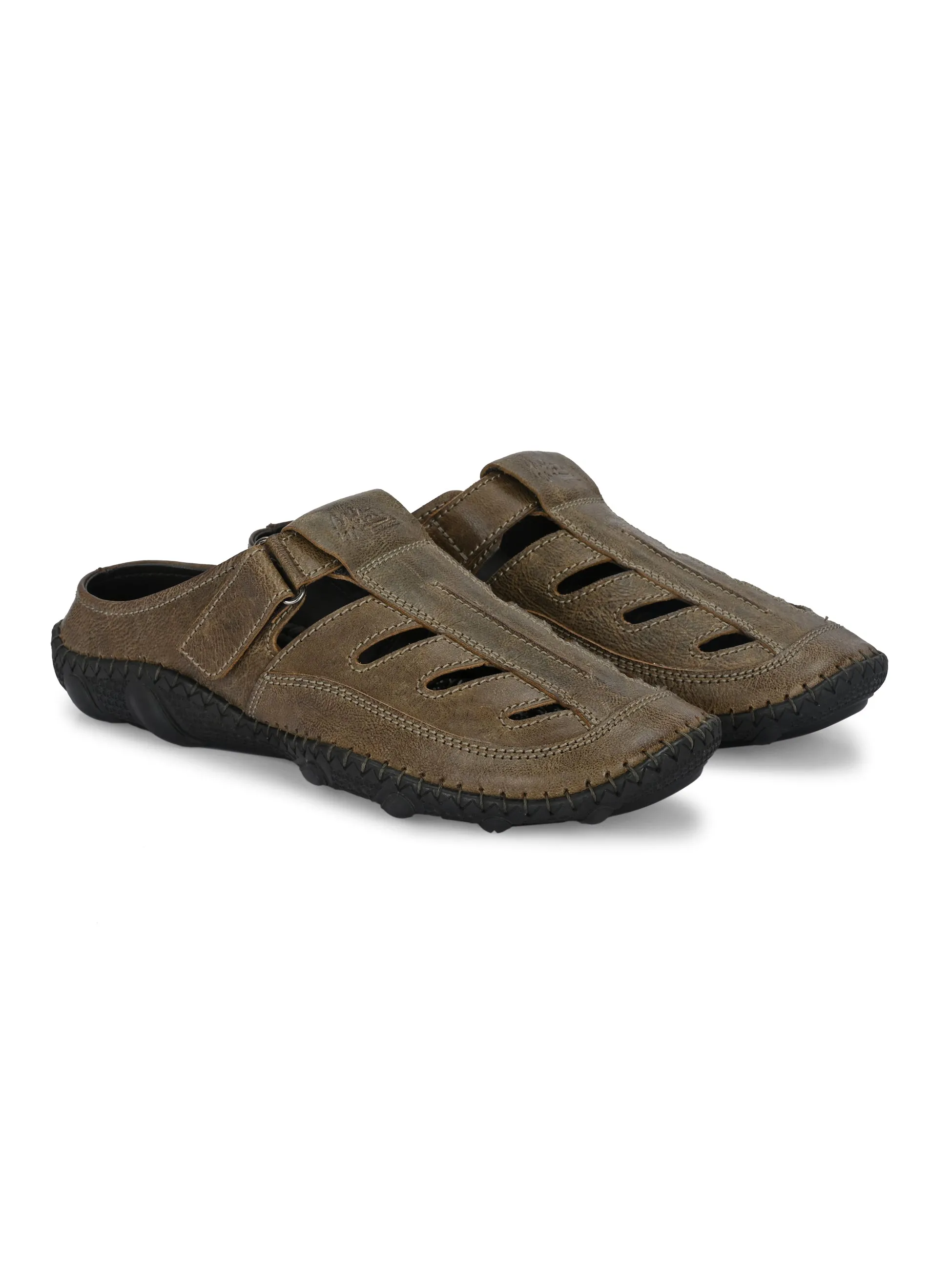 Hitz Men's Olive Leather Casual Daily Wear Velcro Sandals