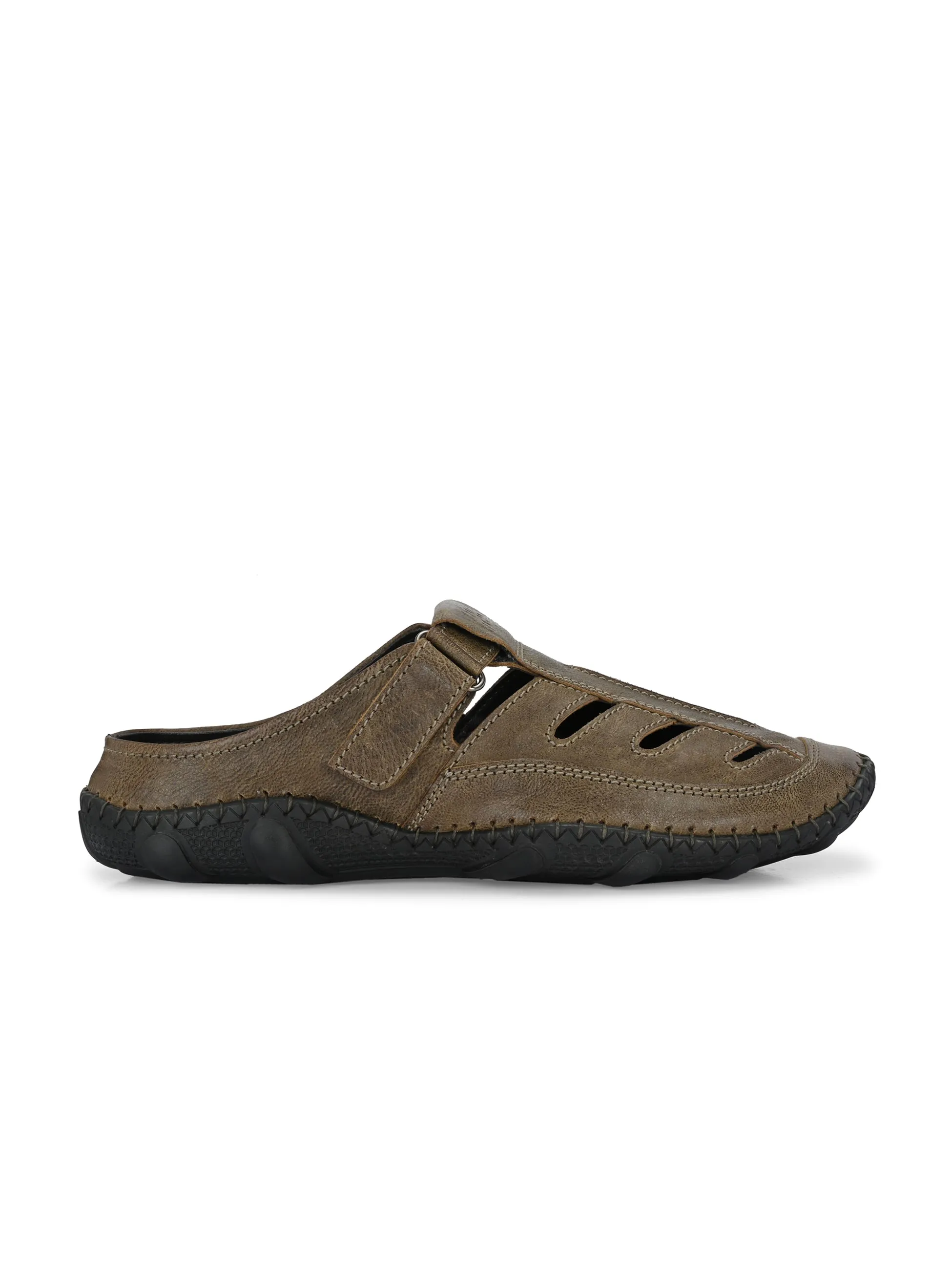 Hitz Men's Olive Leather Casual Daily Wear Velcro Sandals