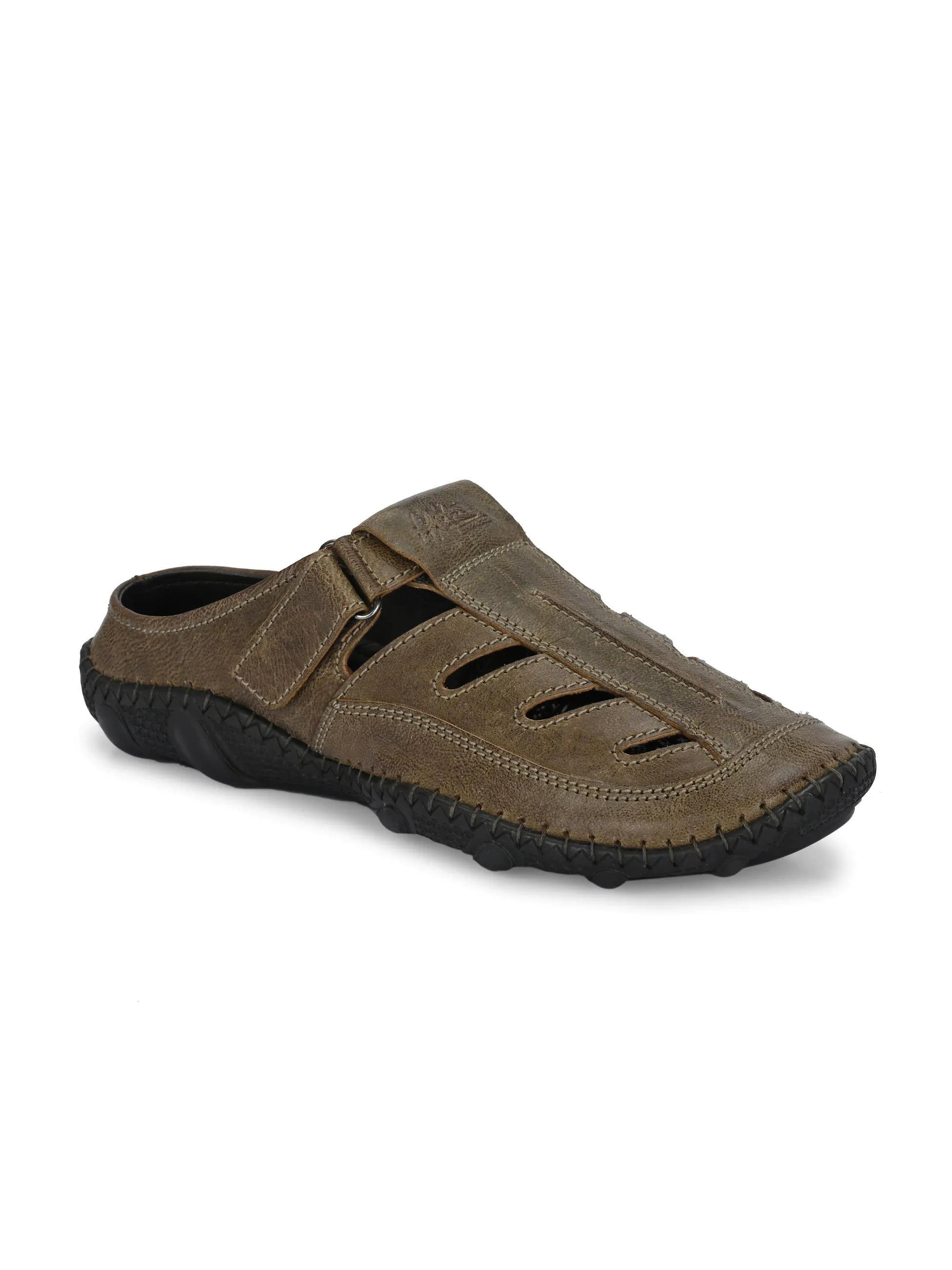 Hitz Men's Olive Leather Casual Daily Wear Velcro Sandals