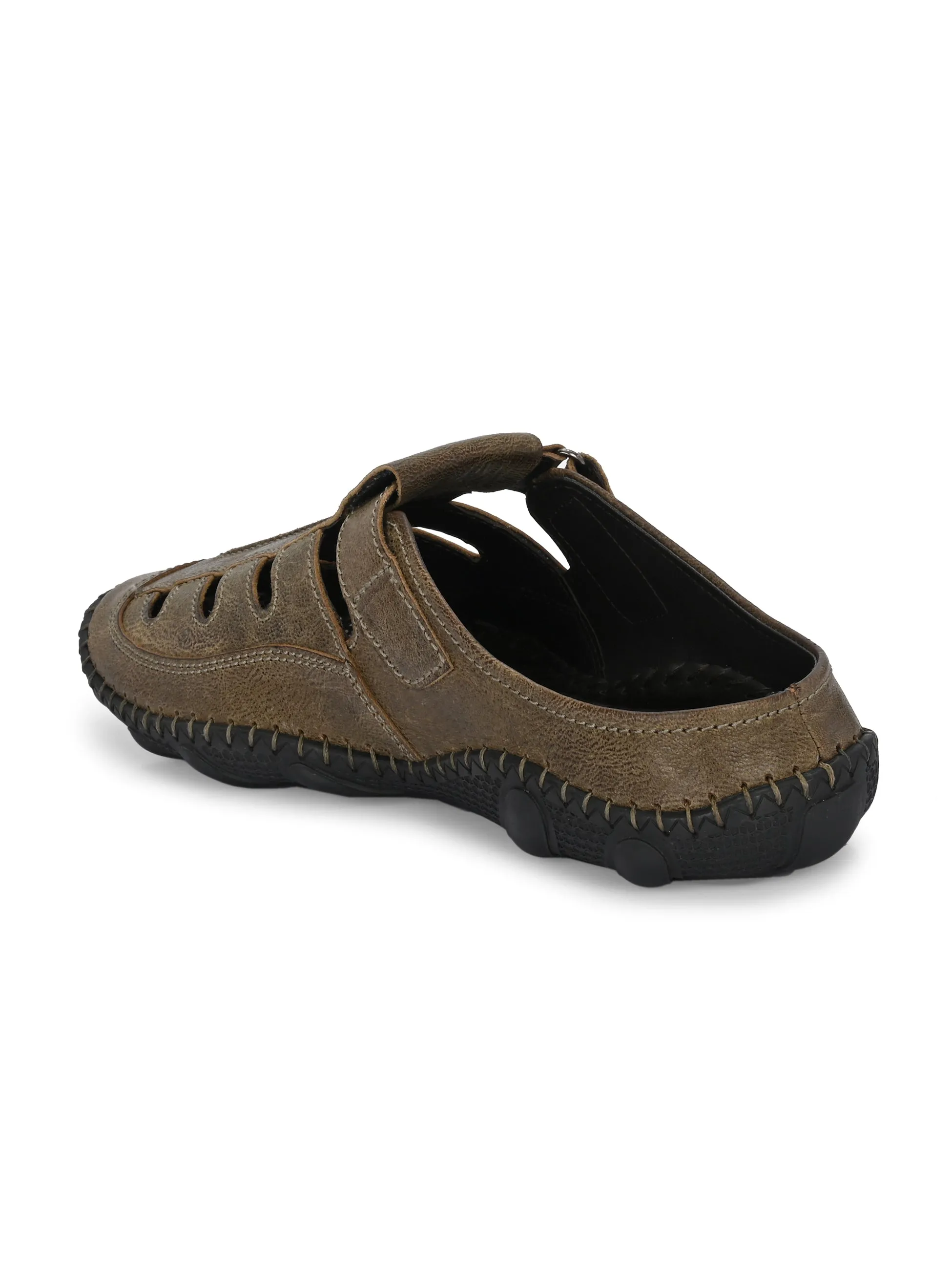 Hitz Men's Olive Leather Casual Daily Wear Velcro Sandals