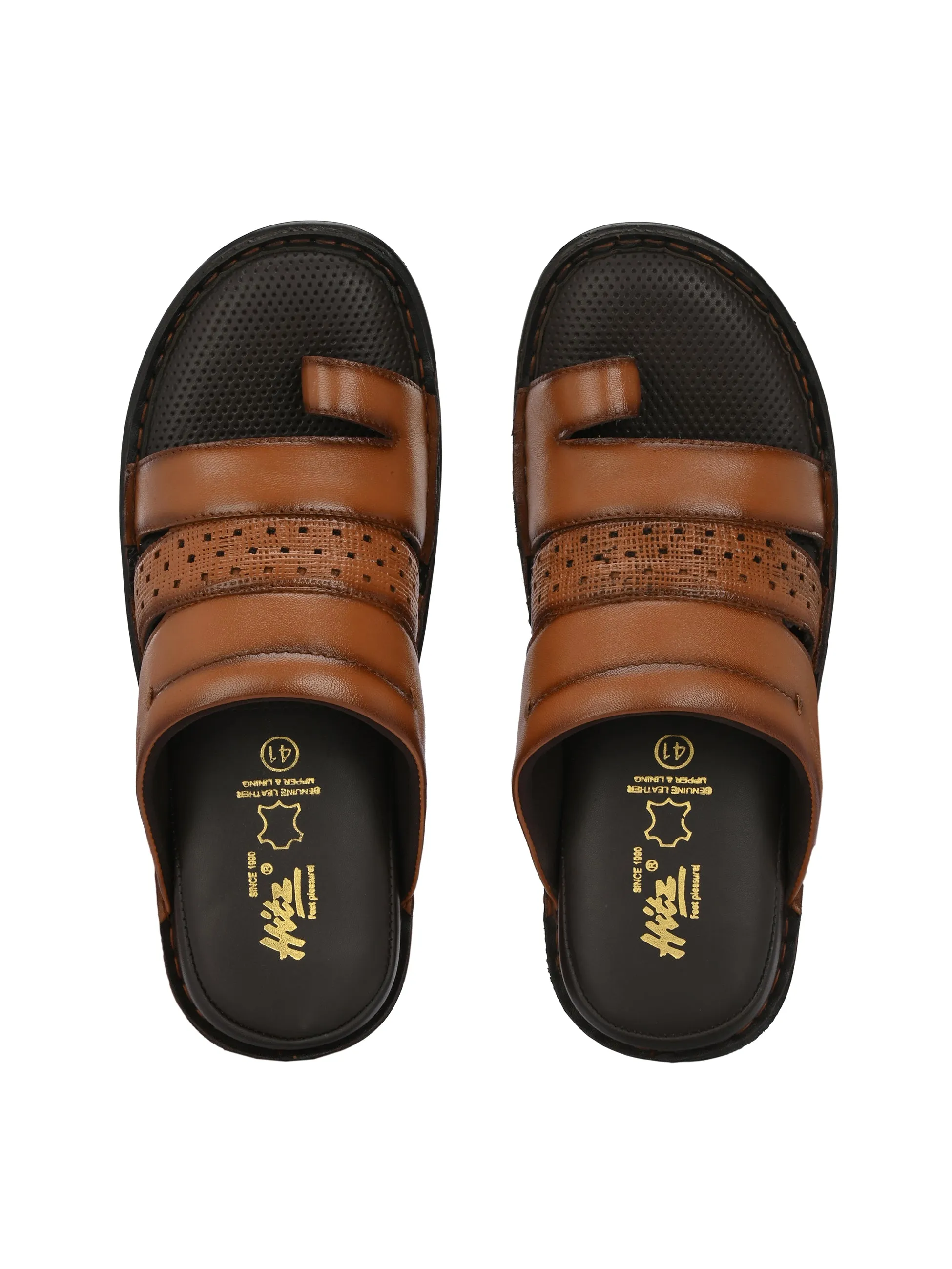 Hitz Men's Tan Leather Comfort Sandals with Velcro Closure