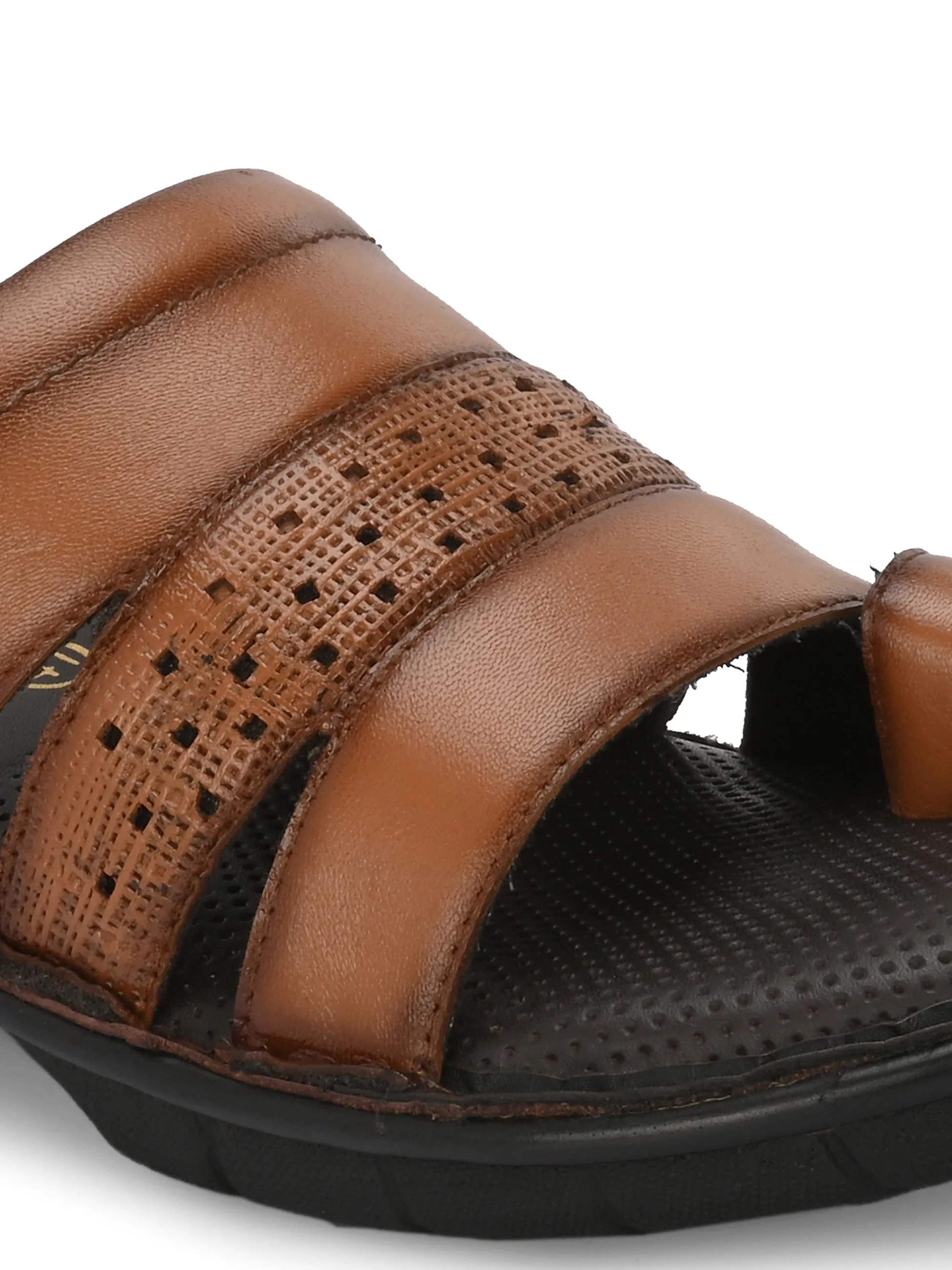 Hitz Men's Tan Leather Comfort Sandals with Velcro Closure