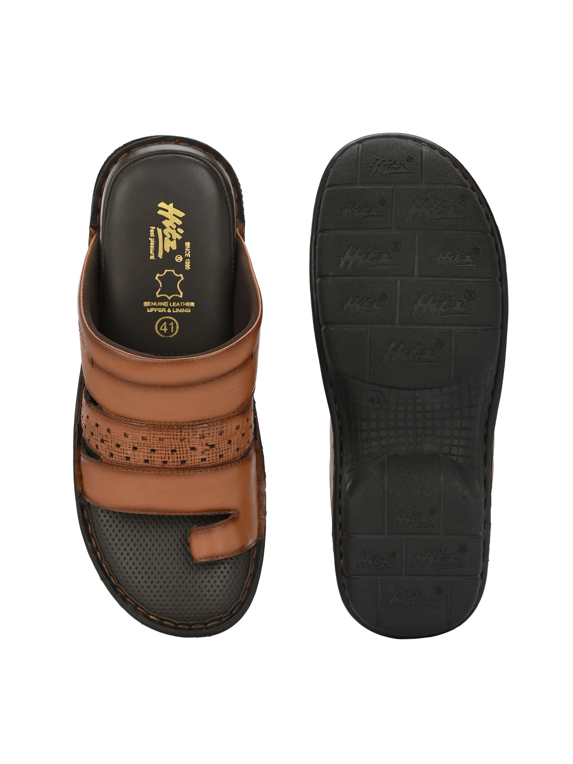 Hitz Men's Tan Leather Comfort Sandals with Velcro Closure