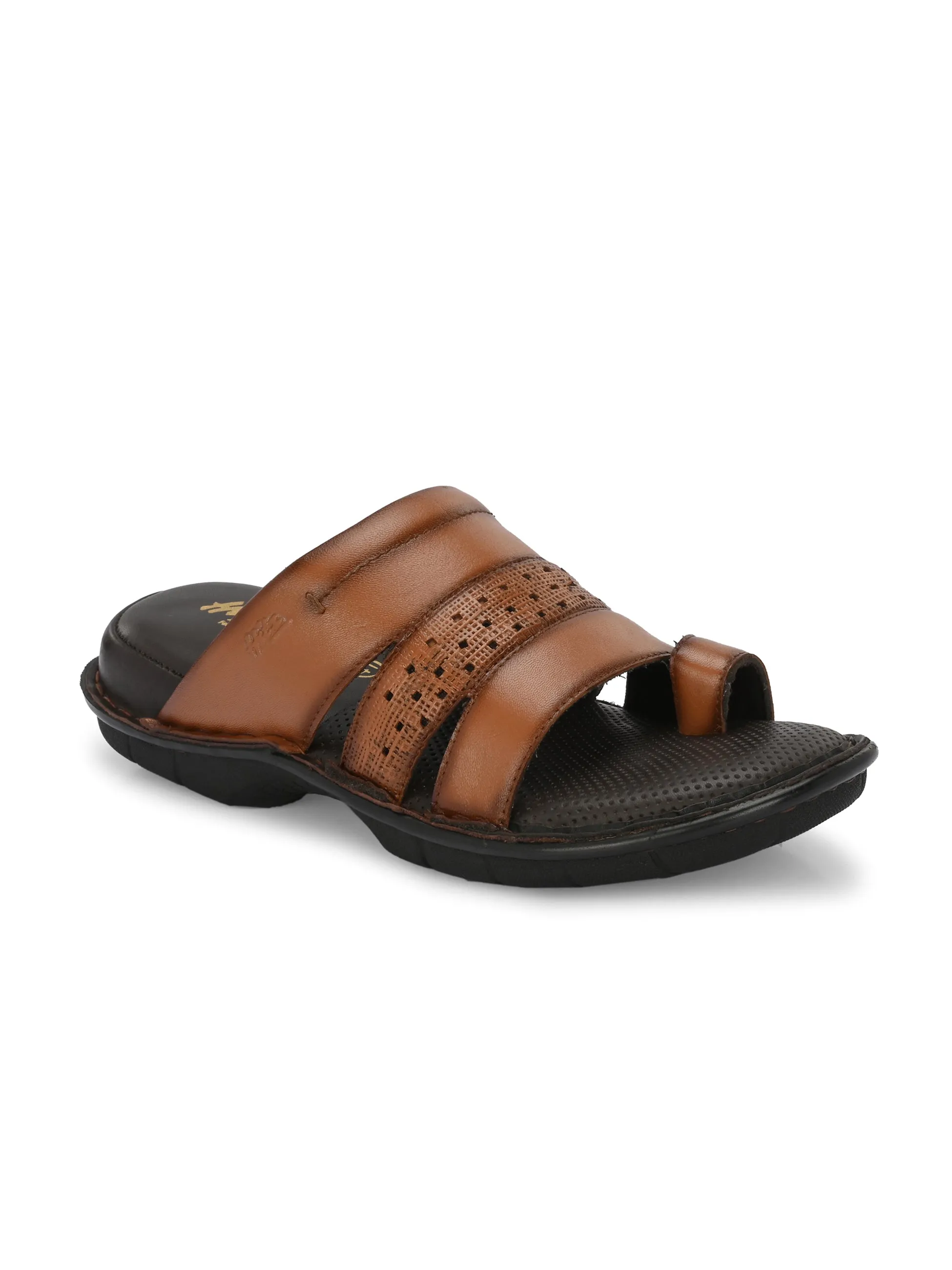 Hitz Men's Tan Leather Comfort Sandals with Velcro Closure