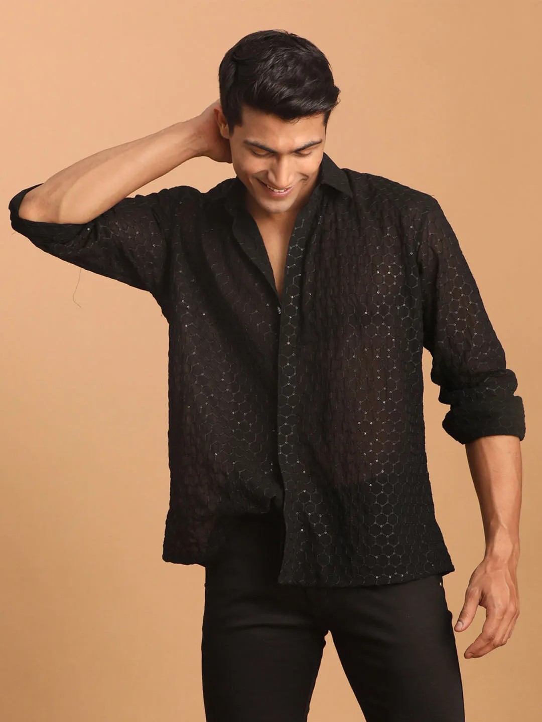 Jashvi Men's Black Fancy Sequined Shirt