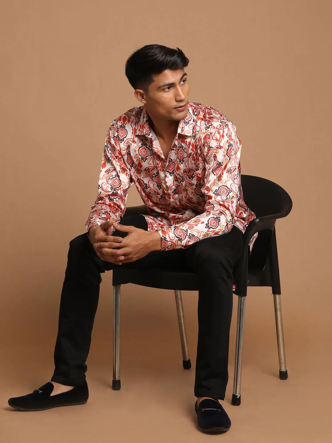 Jashvi Men's Cream Base Cotton Blend Printed Shirt