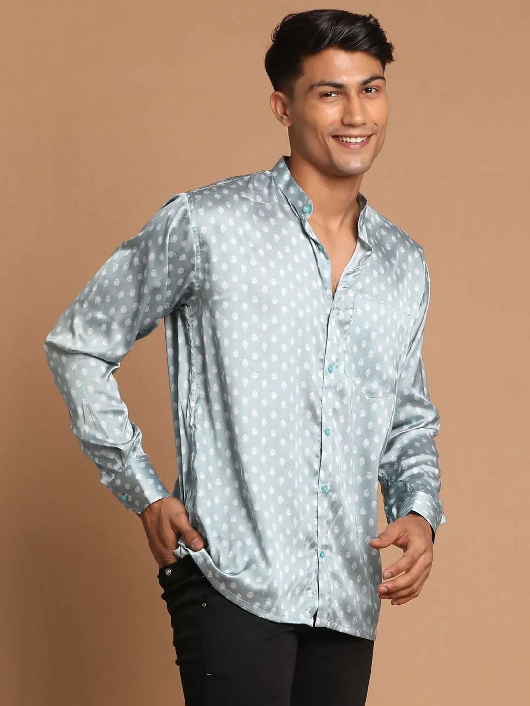 Jashvi Men's Gray Silk Blend Printed Shirt