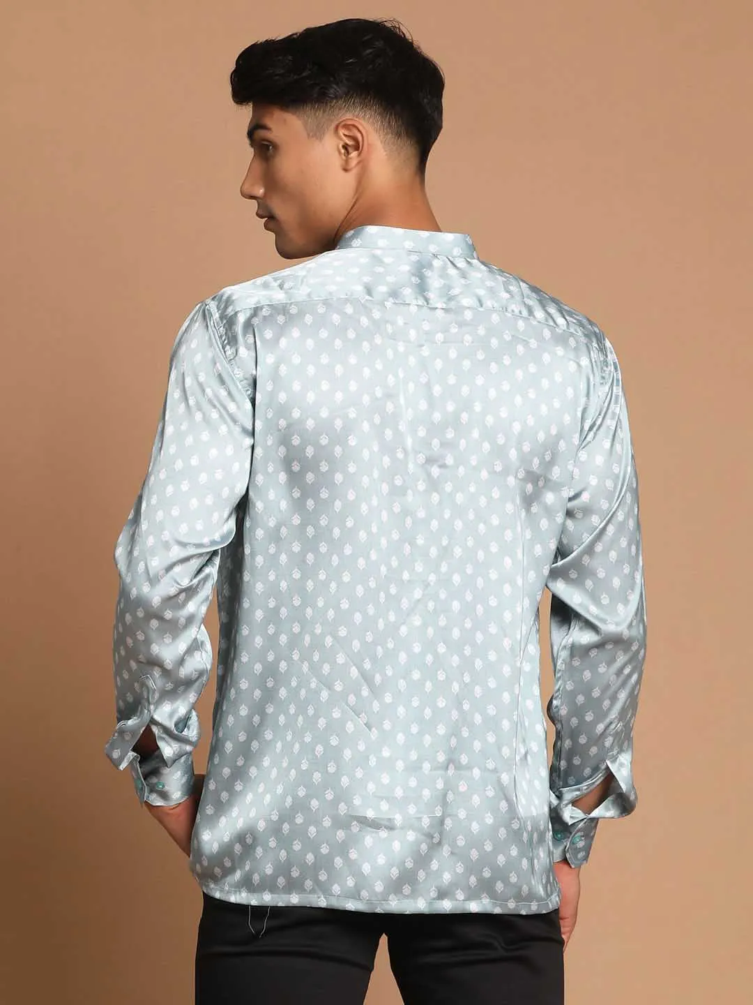 Jashvi Men's Gray Silk Blend Printed Shirt