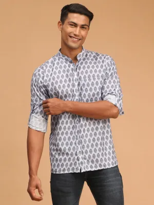 Jashvi Men's Grey Cotton Blend Printed Shirt