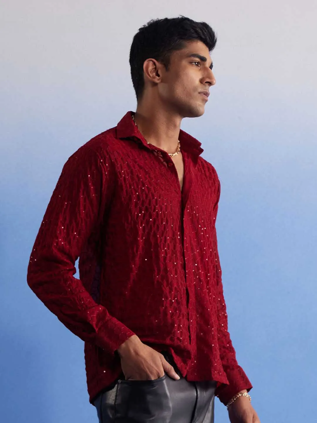 Jashvi Men's Maroon Fancy Sequined Shirt