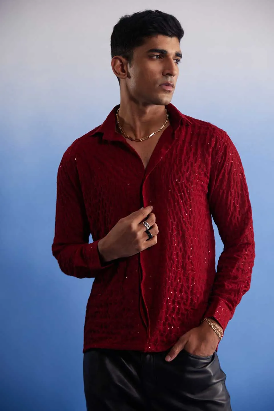 Jashvi Men's Maroon Fancy Sequined Shirt