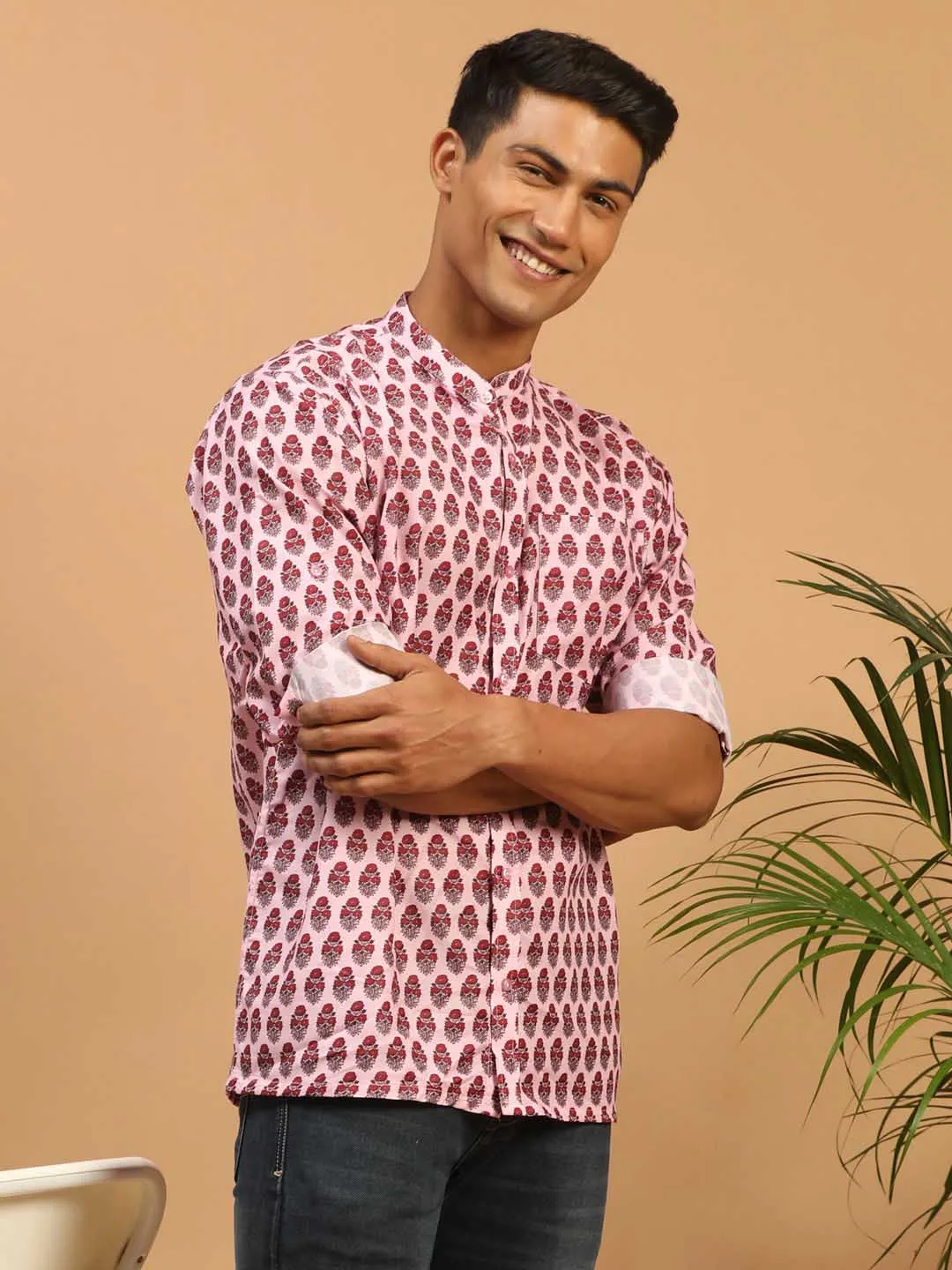 Jashvi Men's Pink Cotton Blend Printed Shirt