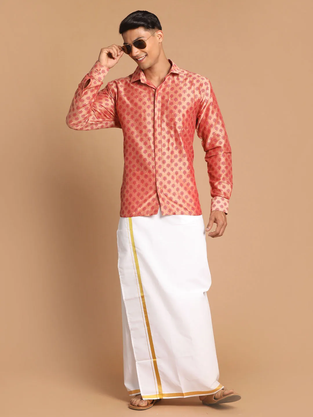 Jashvi Men's Pink Silk Blend Printed Shirt And Mundu Set