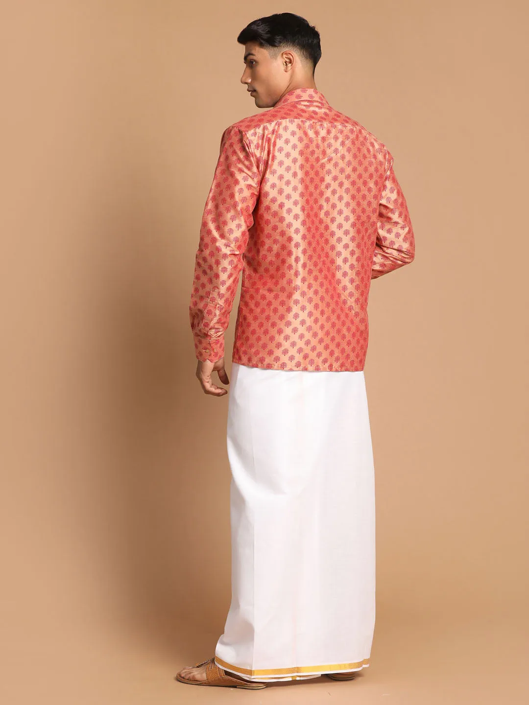 Jashvi Men's Pink Silk Blend Printed Shirt And Mundu Set