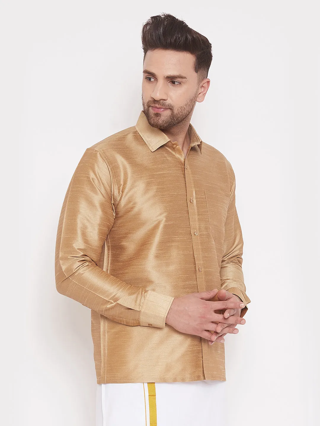 Jashvi Men's Rose Gold Silk Blend Ethnic Shirt