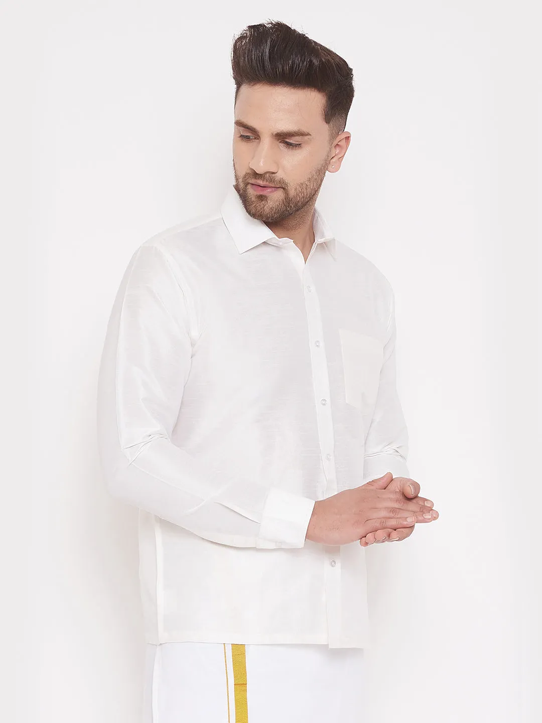 Jashvi Men's White Silk Blend Ethnic Shirt