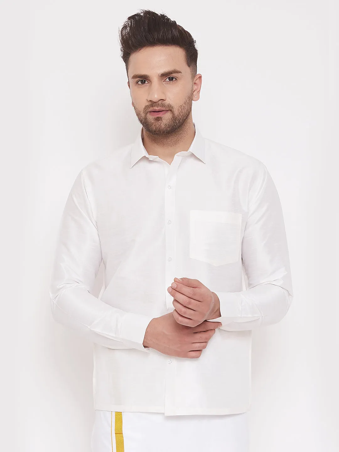 Jashvi Men's White Silk Blend Ethnic Shirt