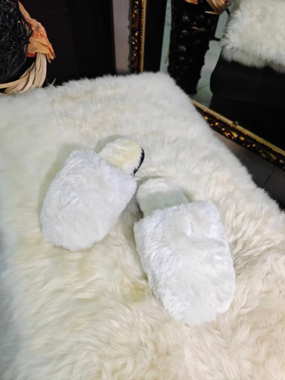 Lama Long Hair Sheepskin Fur Slippers for Women in White Color