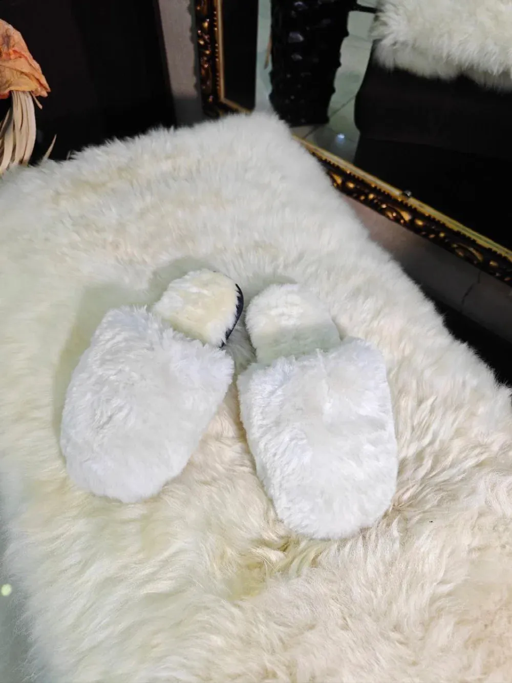 Lama Long Hair Sheepskin Fur Slippers for Women in White Color