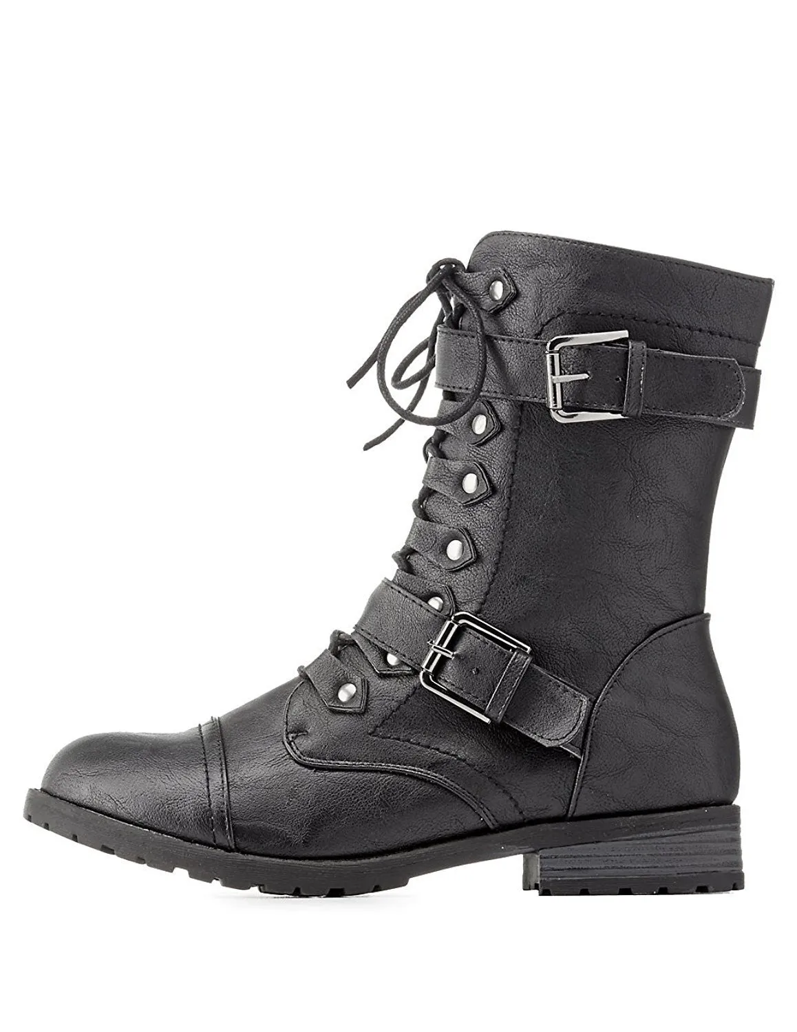 Leatherette Lace-Up Buckled Combat Flat Vegan Leather Boots Women's