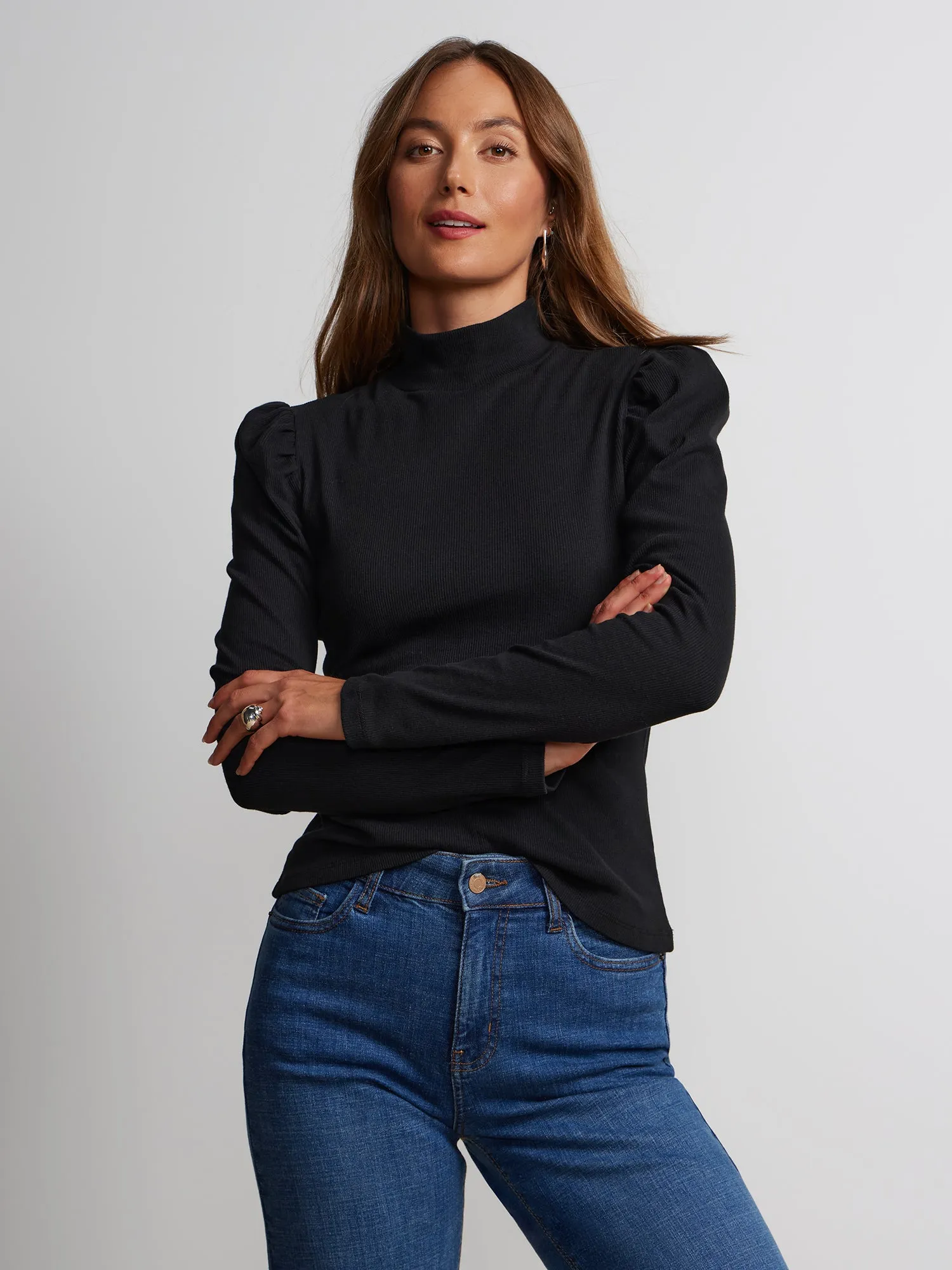 Long Puff Sleeve Ribbed Top