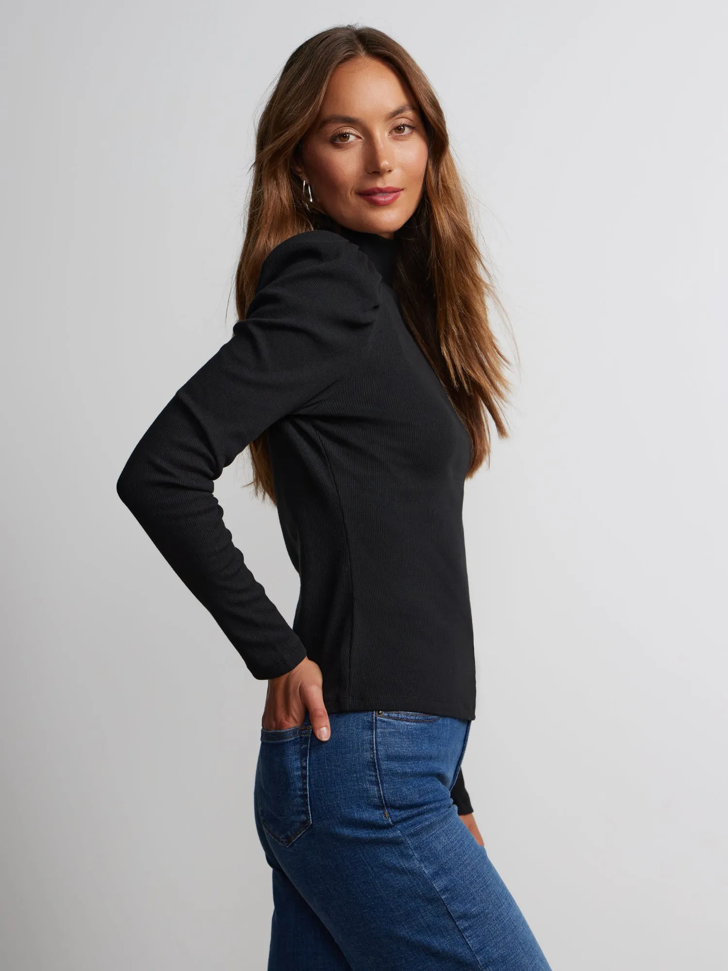 Long Puff Sleeve Ribbed Top