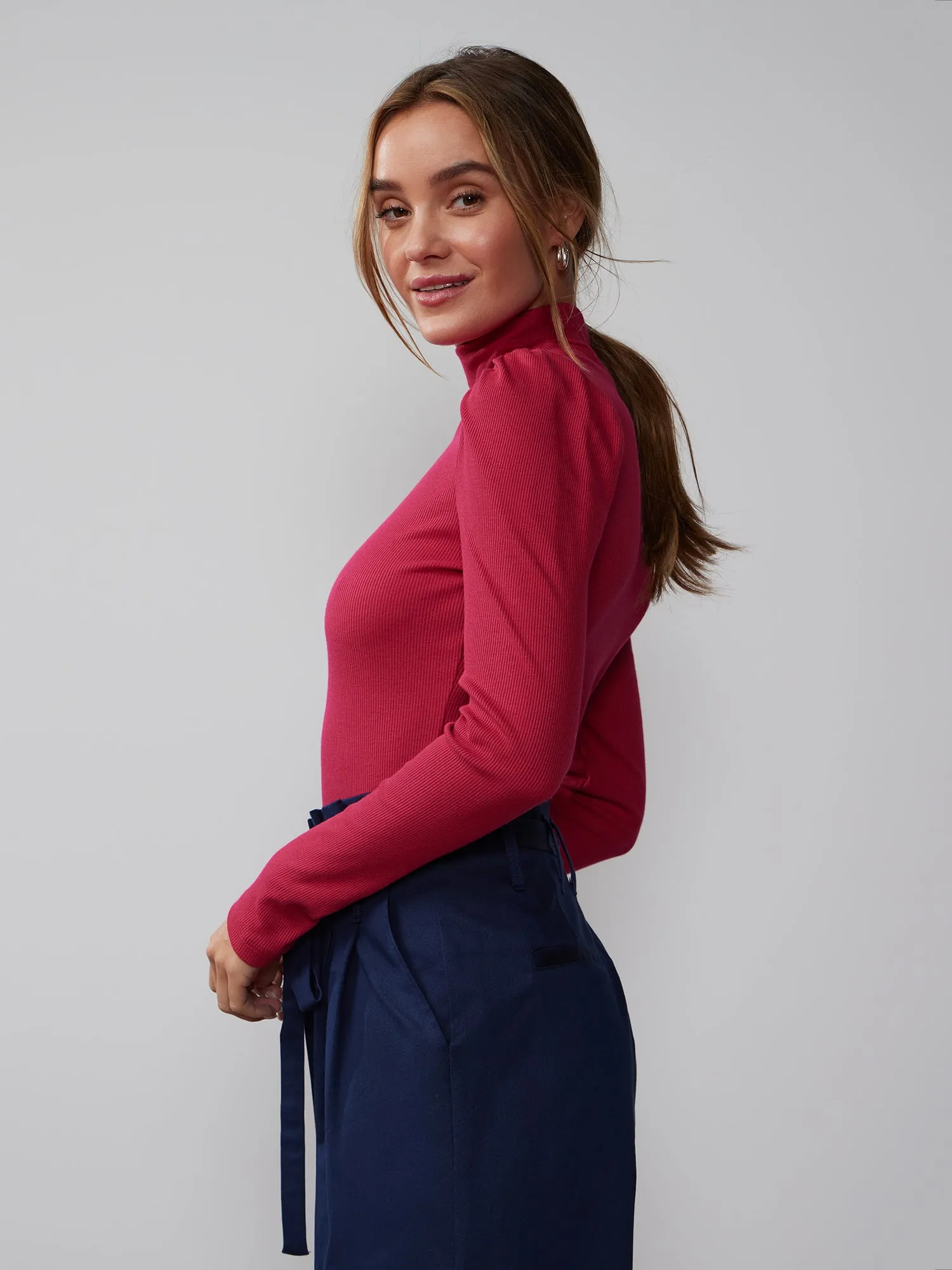 Long Puff Sleeve Ribbed Top